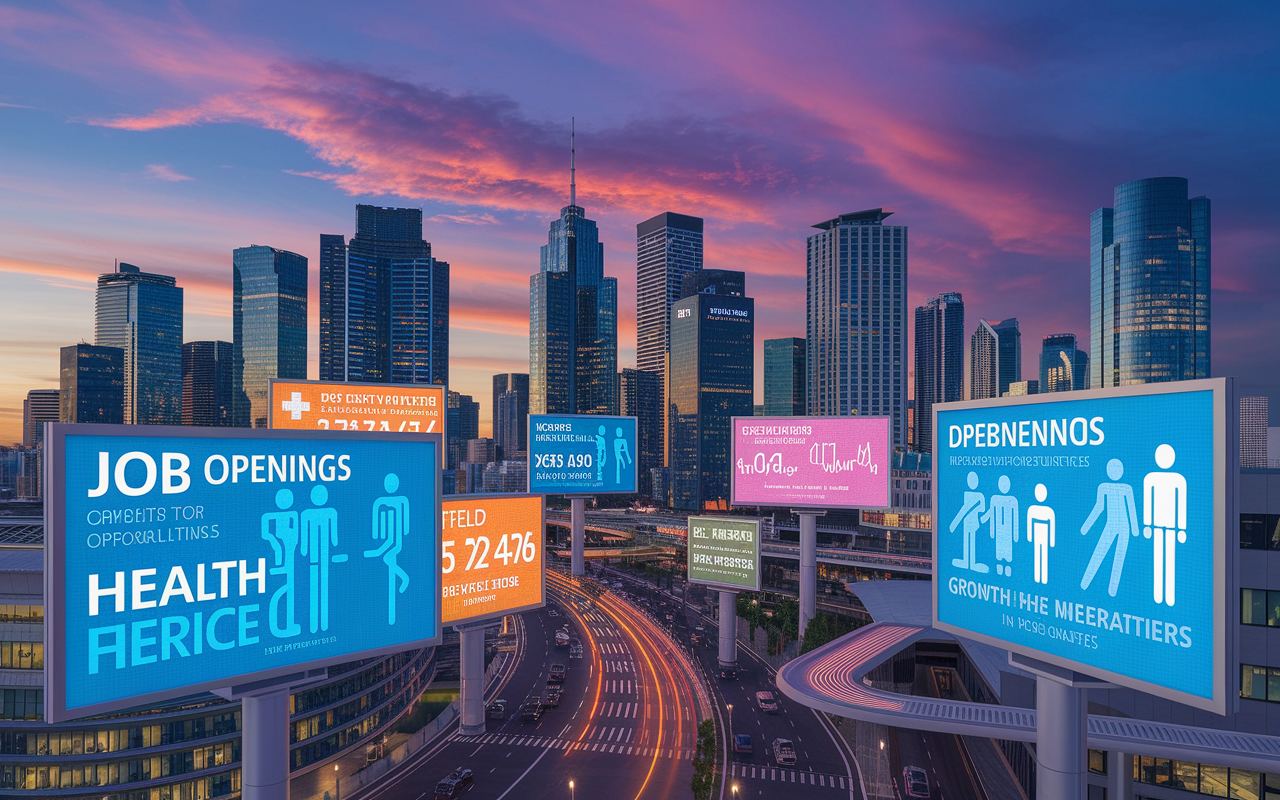 A futuristic cityscape with bustling healthcare facilities, showcasing diverse medical professionals across various specialties. Bright billboards present job openings and demand statistics with indicators of growth in healthcare careers. The sky is painted in shades of twilight, blending oranges and purples, symbolizing opportunity and change in the medical field.