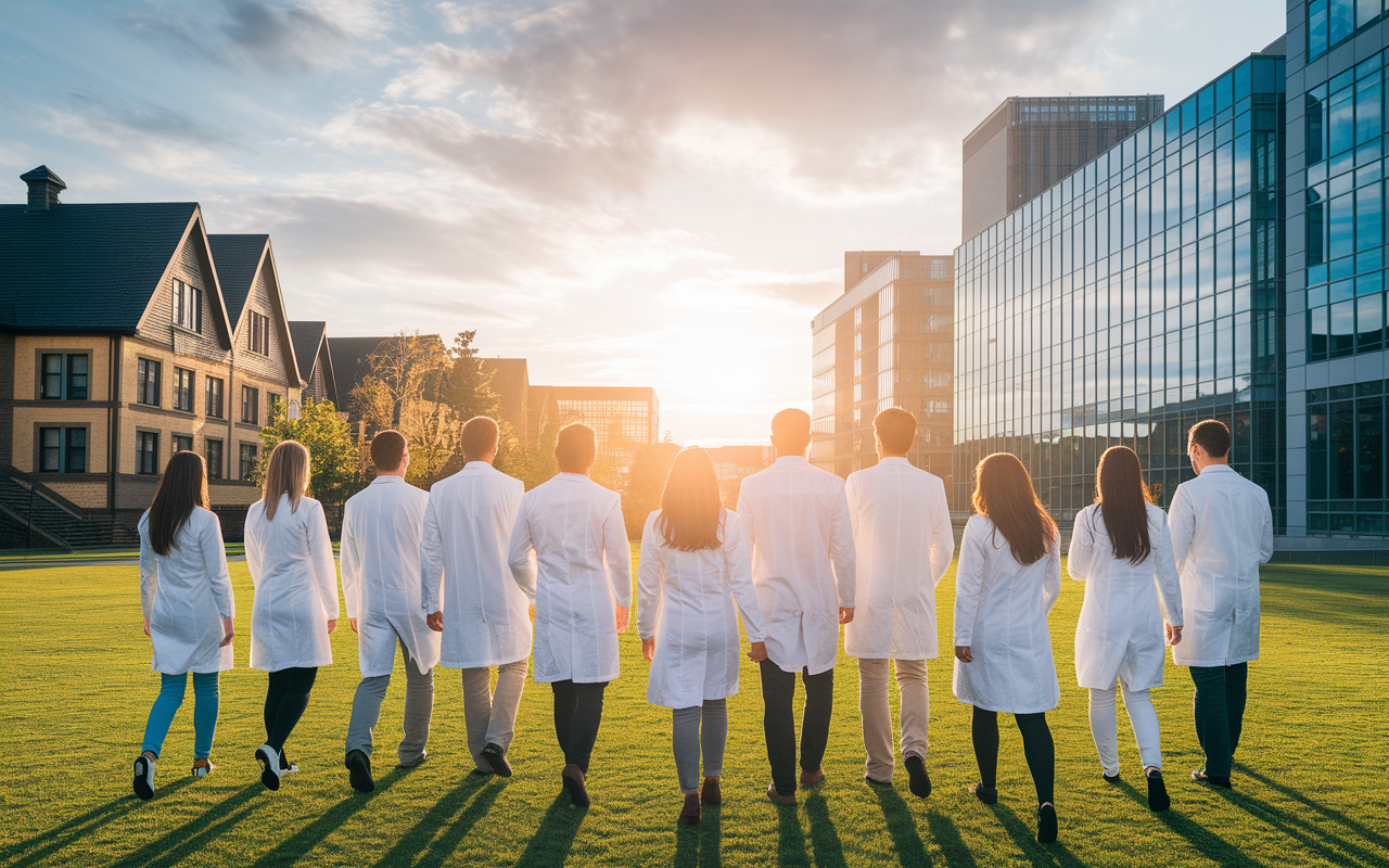 An inspiring scene of a diverse group of aspiring doctors walking toward a bright horizon with a mix of medical equipment and specialty symbols reflecting in the sunlight. The background features a blend of traditional and modern medical buildings, symbolizing hope, diversity, and the medical journey. The lighting is warm and inviting, conveying optimism for the future.