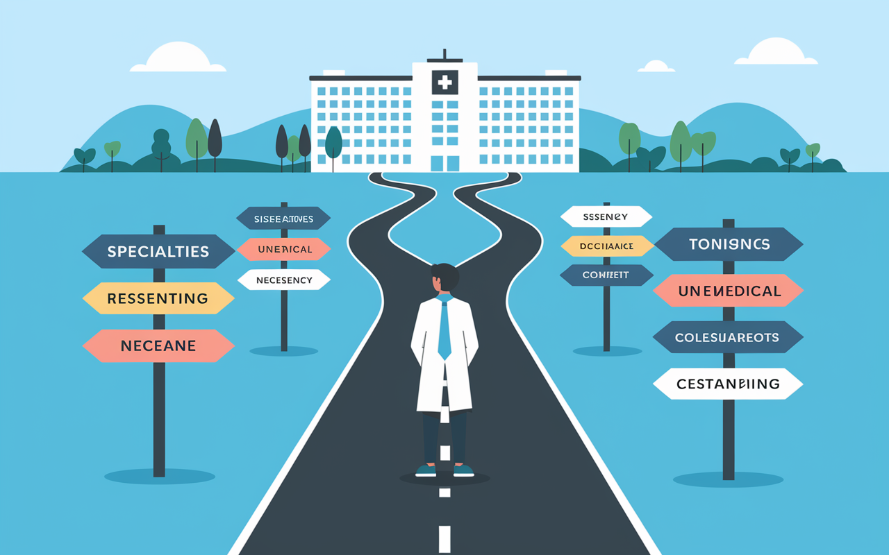 An illustration of a winding road leading to a large hospital, symbolizing the unpredictable journey of medical residency matching. Along the road, signposts indicate various specialties, some with vibrant colors suggesting high demand and others faded, representing lesser-known options. A medical student stands at a crossroads, looking thoughtfully at the path signs, emphasizing the essence of decision-making in a competitive environment.