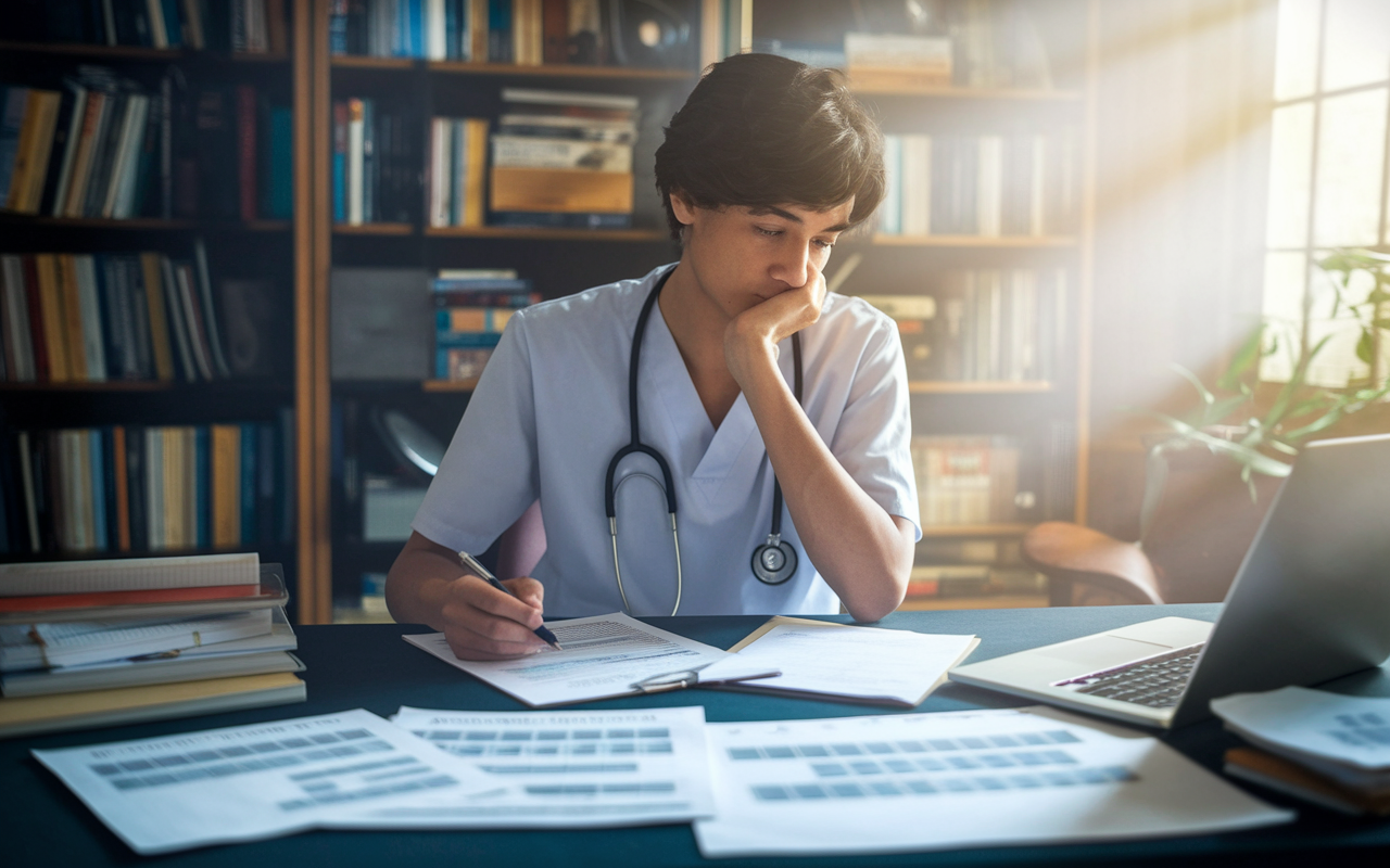 A medical student sitting at a desk in a quiet, cozy room, deeply engaged in self-assessment and reflection. Surrounding them are papers with notes on various specialties, a laptop open with medical articles displayed, and a bookshelf filled with medical literature. Soft light filters in through a window, casting a warm glow, signifying a moment of introspection and planning for the future.