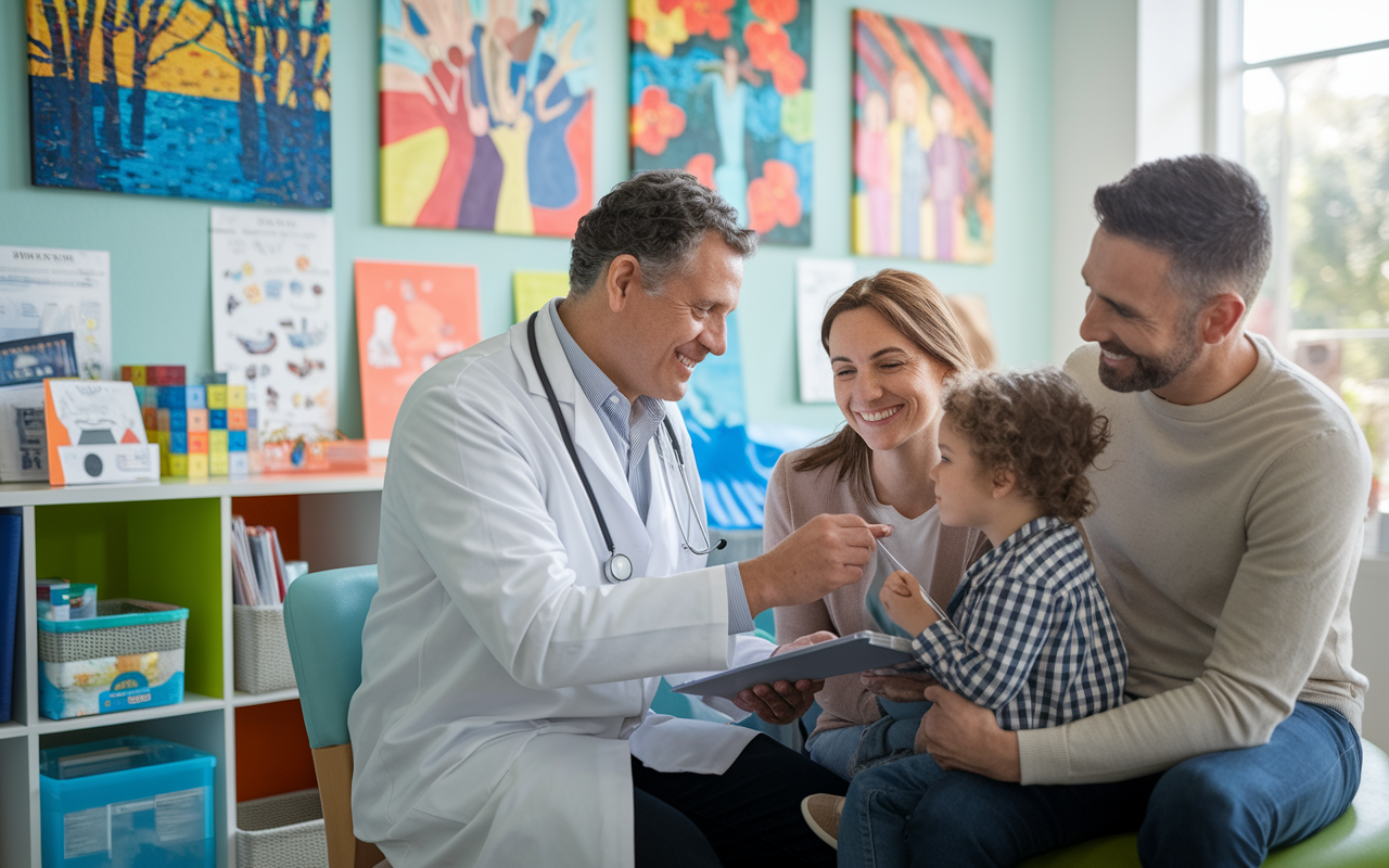 A caring family physician in a bright and welcoming clinic, engaging warmly with a multi-generational family. The physician is examining a child's chart while a parent looks on. The clinic is filled with colorful paintings and educational materials about health. Natural light fills the room, creating an atmosphere of comfort and trust.