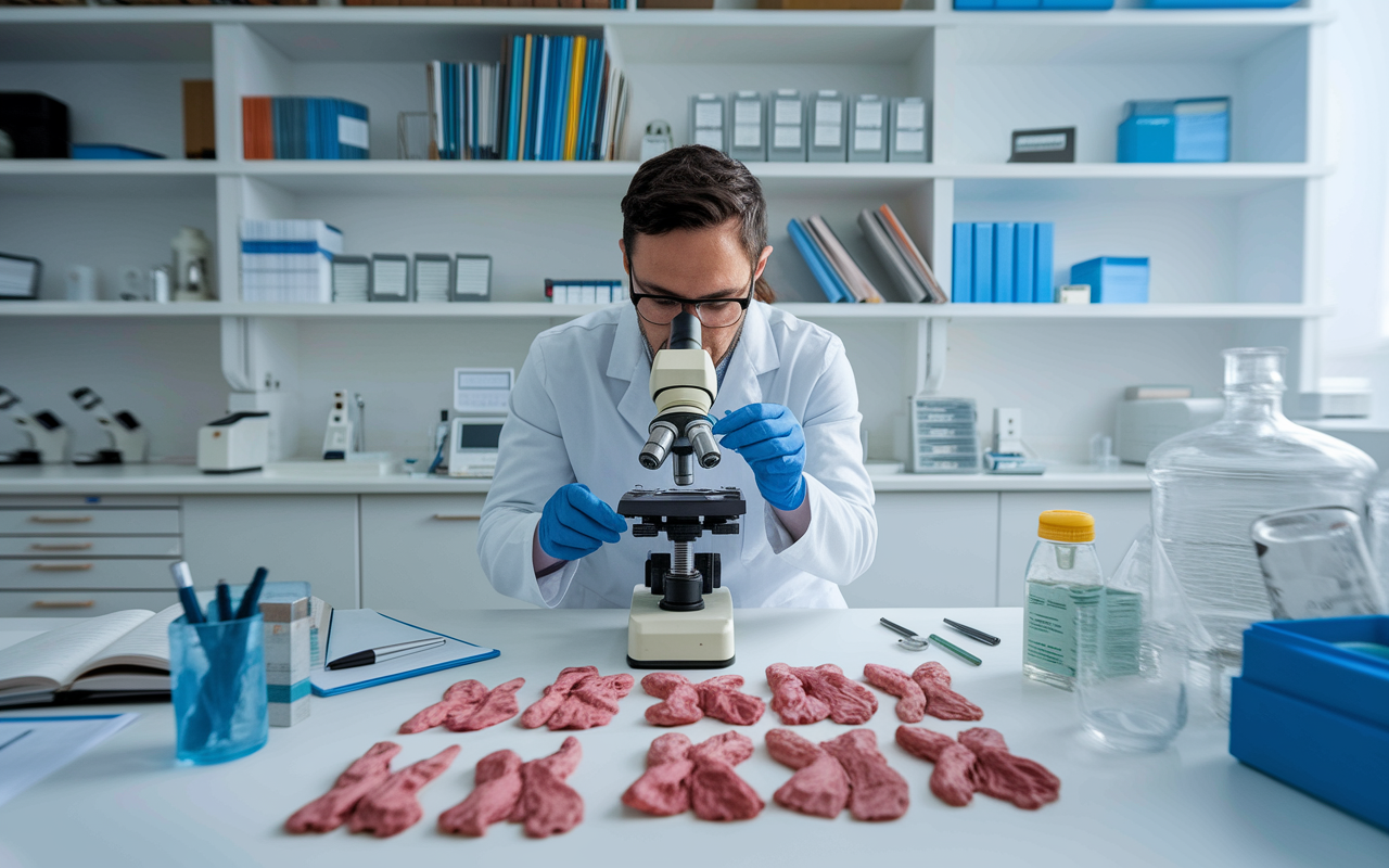 A pathologist in a well-equipped laboratory, examining tissue samples under a microscope. The lab is organized and filled with various diagnostic equipment, surrounded by shelves of medical journals and samples. The pathologist is focused and meticulous, reflecting the essential role of accuracy in patient diagnosis.