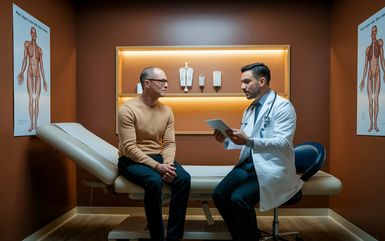 An internist in a sophisticated, modern outpatient clinic discussing test results with an adult patient in a cozy examination room. The physician is pointing at medical charts and using a tablet to explain next steps, with anatomical diagrams on the walls. Warm, clinical lighting creates a professional yet comfortable environment.