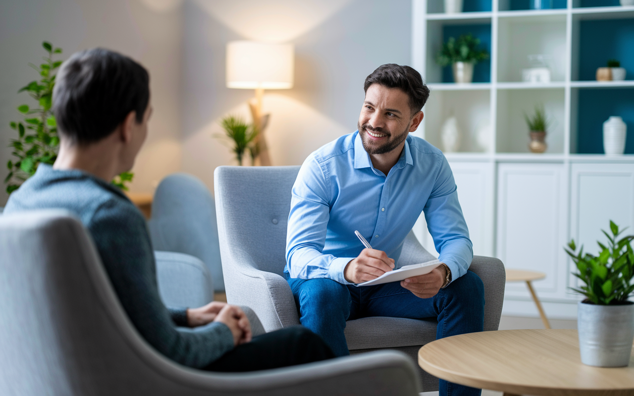 A psychiatrist sitting in a modern office, compassionately engaging with a patient during a therapy session. The room is softly lit, decorated with calming colors and comfortable furniture, creating a safe space for discussion. The psychiatrist is taking notes while listening attentively, conveying empathy and understanding.