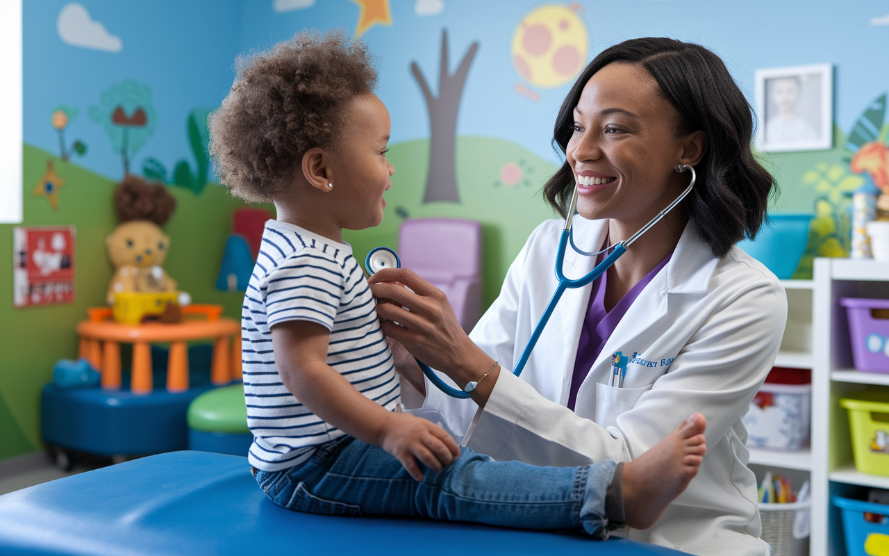 A pediatrician in a colorful, child-friendly clinic examining a young child with a stethoscope. The room is decorated with playful murals and toys, and the child appears engaged and comfortable. The pediatrician exudes warmth and friendliness, creating a nurturing atmosphere.