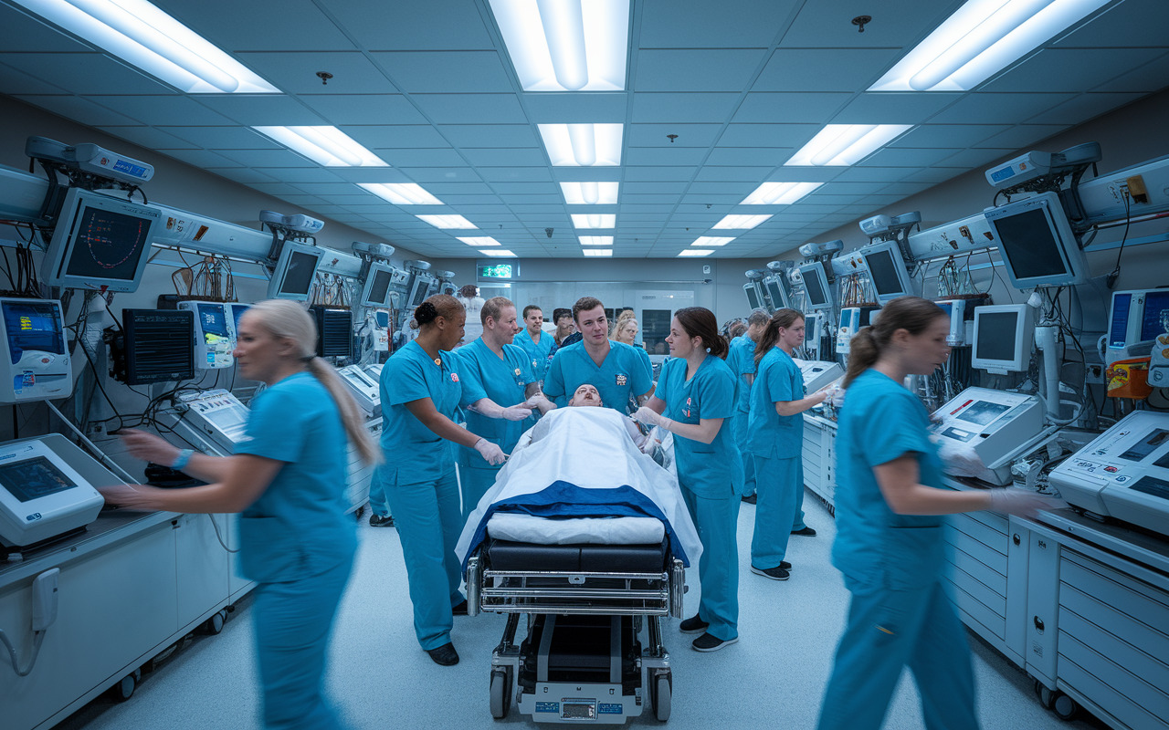 A bustling emergency room scene with medical staff in scrubs attending to a patient on a stretcher, while others are handling equipment and speaking rapidly. The room is equipped with high-tech medical devices and monitors, showcasing intense activity with bright overhead lights. The atmosphere is urgent yet organized.