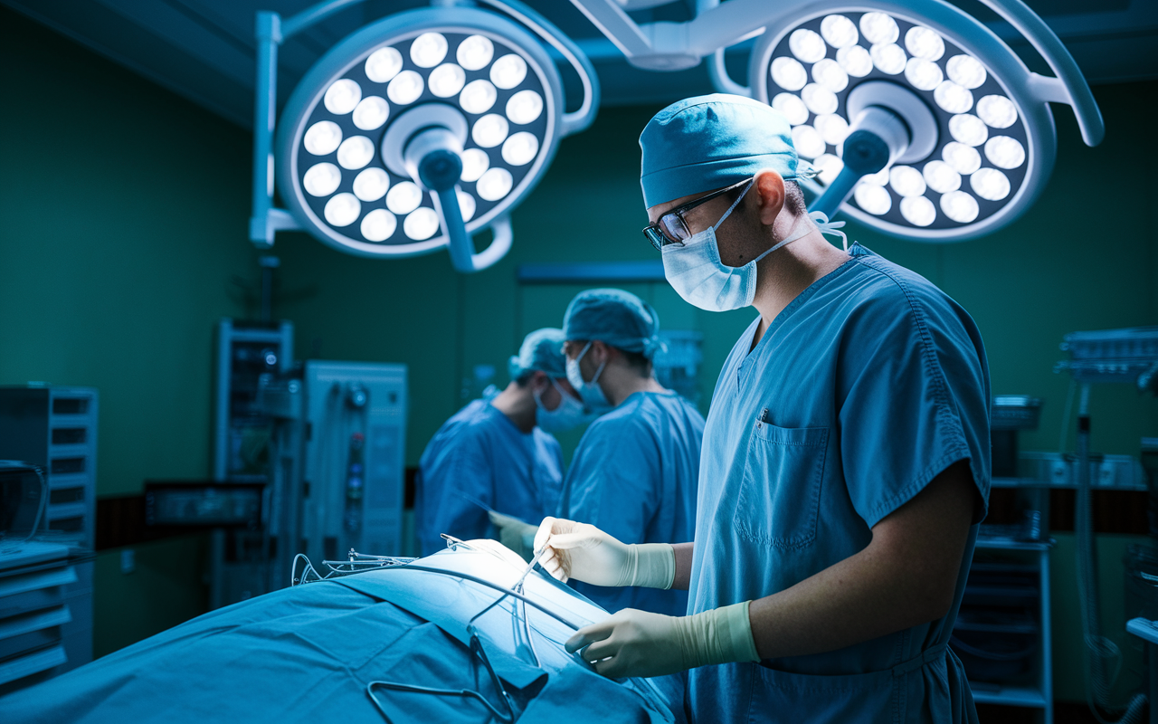 An anesthesiologist wearing surgical scrubs and a mask, focused intently while monitoring the anesthesia machine in a sterile operating room. Bright surgical lights illuminate the room, where a patient lies on the operating table, preparing for surgery. The atmosphere is serious yet professional, showcasing teamwork and precision.