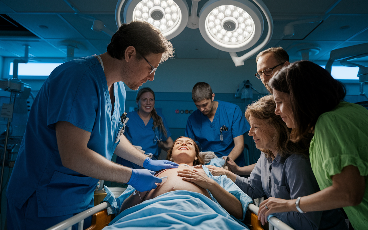 An OB/GYN in scrubs, assisting a mother during childbirth in a delivery room. The atmosphere is filled with excitement and anticipation, with family members supporting the mother. Bright lights illuminate the room while medical staff work collaboratively, emphasizing the emotional and vital nature of the moment.