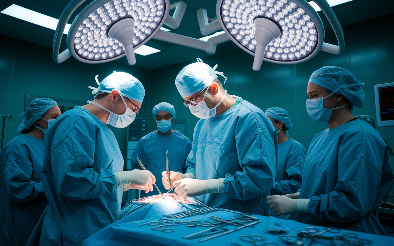 A general surgeon in a sterile surgical environment, focused on a complex surgical procedure. The operating room is equipped with advanced surgical instruments and bright lights, highlighting the intense concentration and teamwork among surgical staff. The atmosphere conveys urgency and expertise.