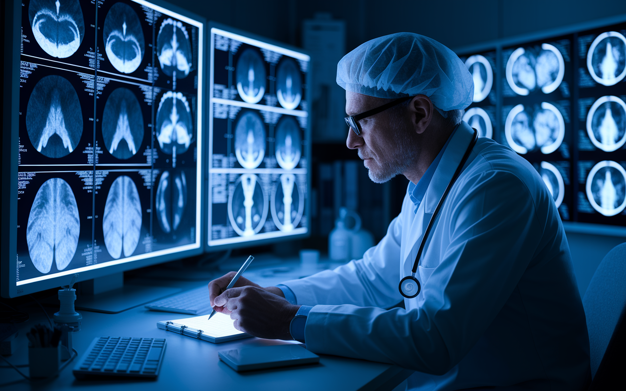 A radiologist in a darkened room, intently analyzing medical scans on multiple screens. The atmosphere is focused, with images of MRIs and CT scans illuminating the room. The radiologist jots down notes and considers the findings thoughtfully, underlining the precision and detail-oriented nature of the specialty.