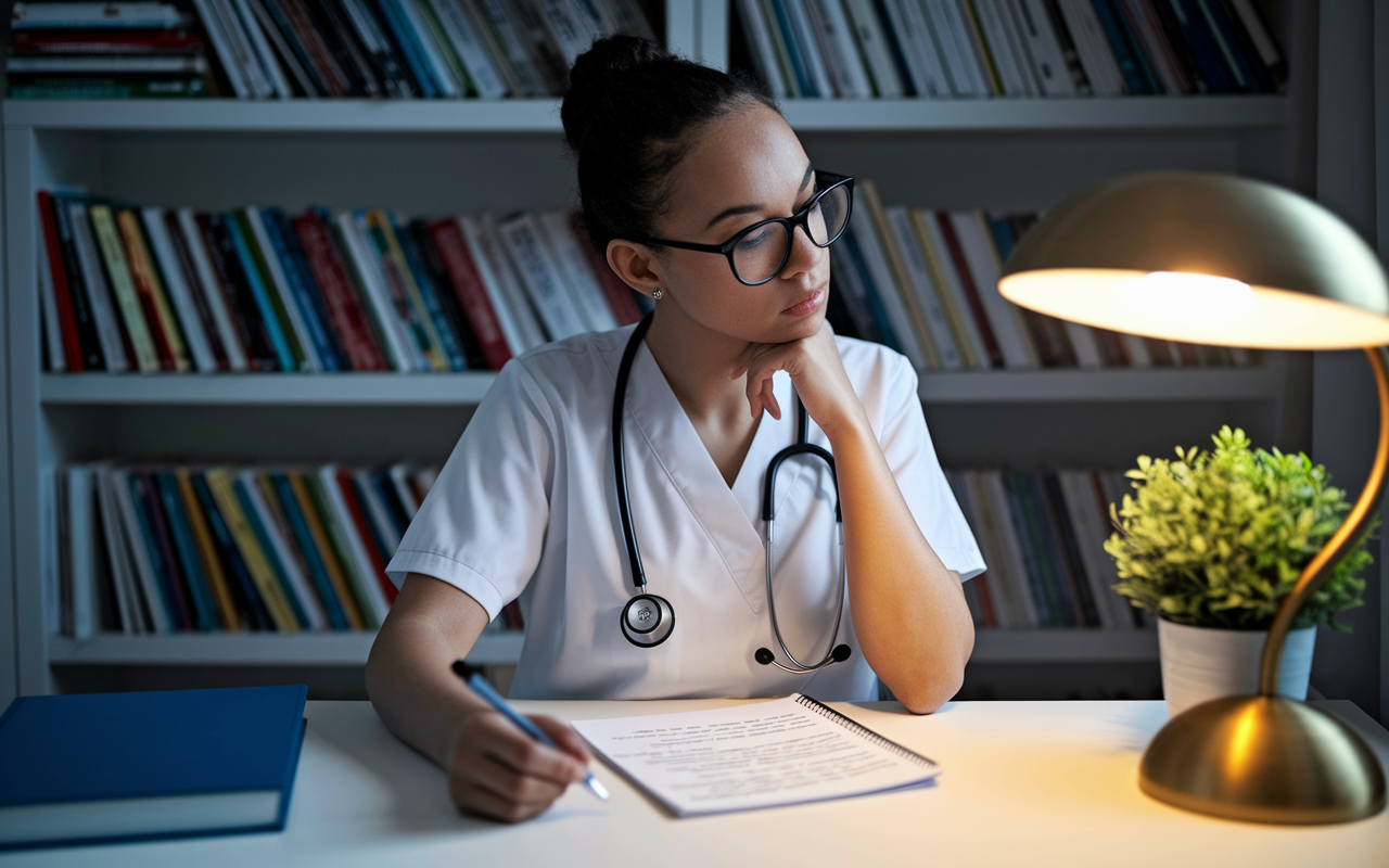 A young medical student in a contemplative pose, sitting in a cozy study room filled with medical books on a shelf. The student, a female with glasses, gazes thoughtfully at a notepad filled with her interests and skills. A warm lamp casts a golden light, amplifying the focus on her determination. A small plant sits in the background, representing growth and flourishing opportunities in her medical career.