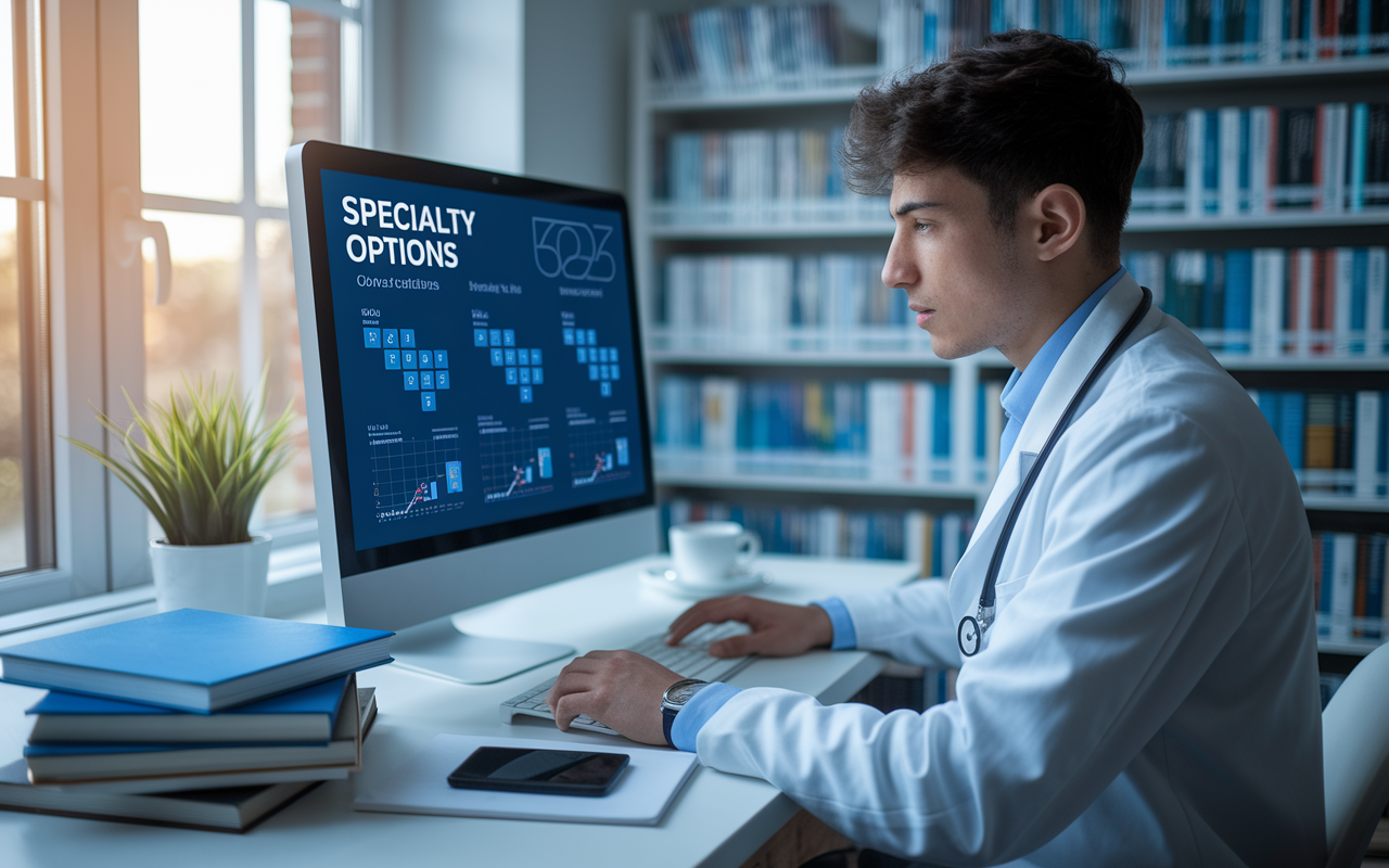 A young medical resident, wearing a white coat, engrossed in research at a computer in a quiet hospital library. The screen displays various specialty options with graphs and statistics. Soft light filters through the windows, creating a calm atmosphere. Nearby, a stack of medical journals and a cup of coffee provide a sense of dedication and hard work, conveying the importance of informed choices.