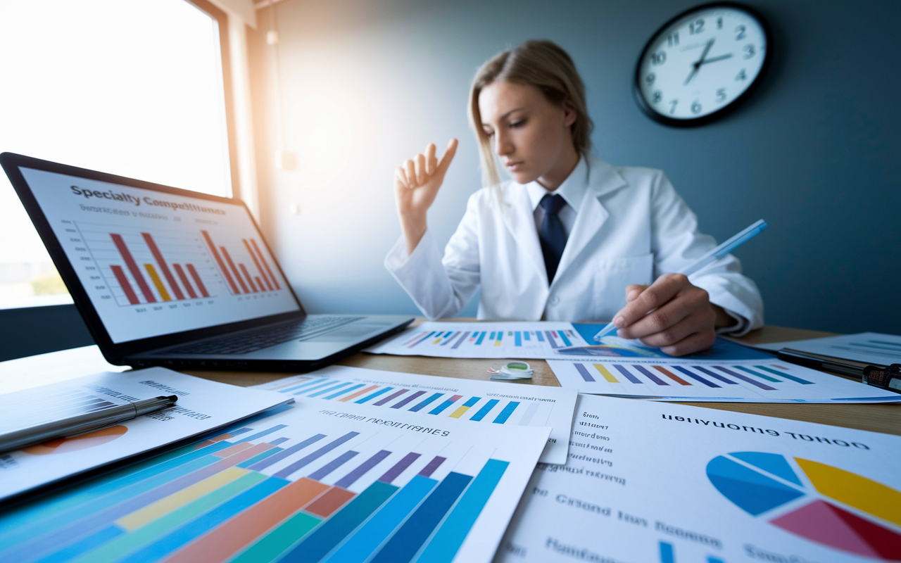 A focused student at a desk cluttered with specialty brochures and graphs analyzing match trends. The scene includes charts indicating specialty competitiveness on a laptop screen. The lighting is bright and inspiring, reflecting a moment of clarity and realization. There is a clock on the wall, emphasizing the urgency and importance of timely decisions in shaping a medical career.