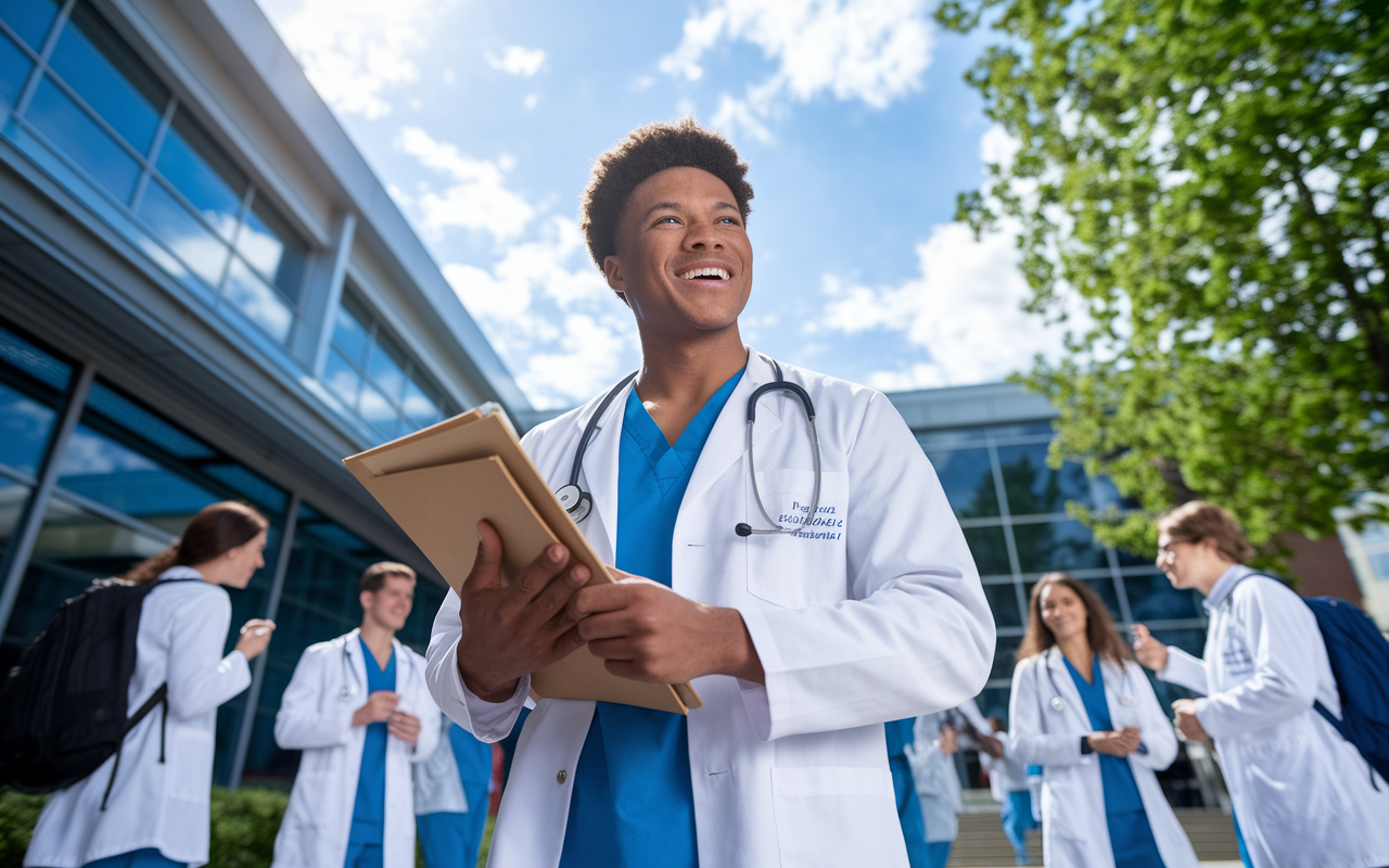 A determined medical student standing confidently outside a medical institution, radiating enthusiasm and hope. The student, wearing a lab coat, holds a folder with residency application materials. The scene is lively with other medical students around and a clear blue sky overhead, symbolizing opportunities and new adventures in medicine. Natural light casts a hopeful glow, emphasizing readiness for the future.