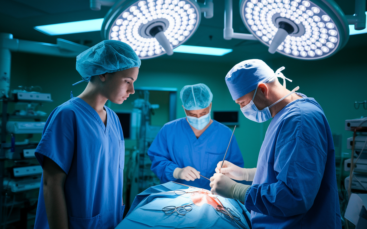 A focused medical student in blue scrubs, standing in an operating room filled with state-of-the-art surgical equipment. The room is bright with surgical lights, highlighting the student's intent gaze as they observe a seasoned surgeon performing a delicate surgical procedure. The atmosphere is tense yet invigorating, capturing the essence of passion for surgery.