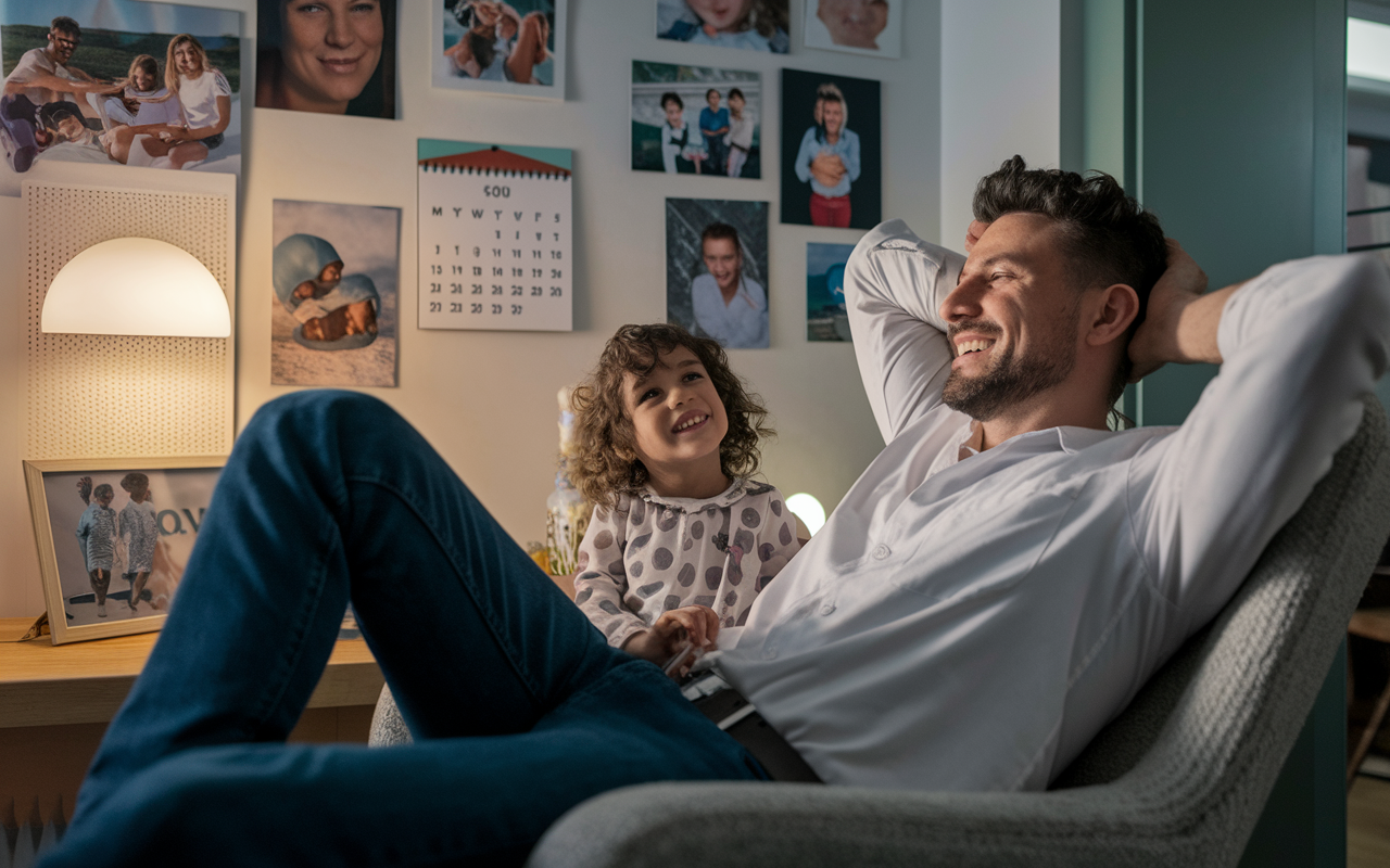 A family medicine physician relaxing in a cozy home office, surrounded by family photos and soft lighting. A calendar showcasing family events is visible on the wall, and the physician is joyfully engaging with a child. This scene captures the essence of work-life balance and satisfaction in a medical career.