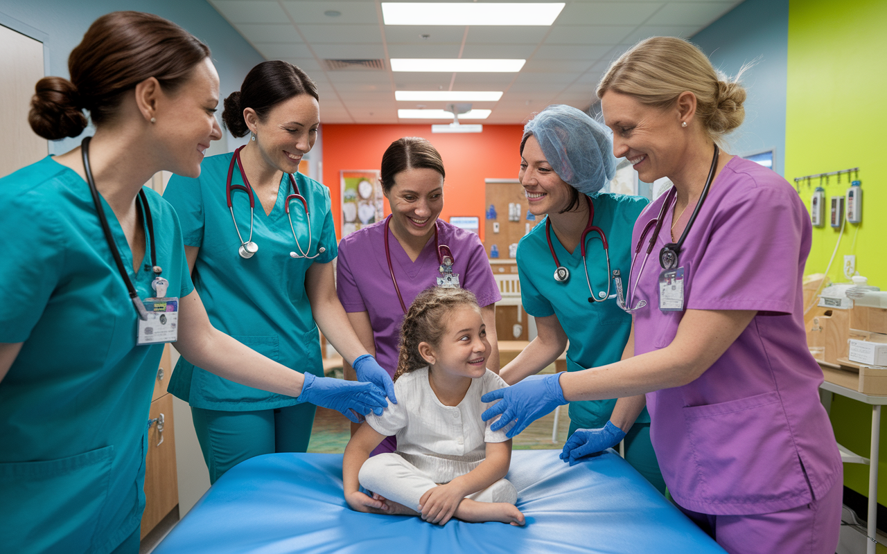 A vibrant pediatric ward filled with bright colors, where a team of healthcare professionals collaborates on patient care. The joyful expressions of both the medical staff and young patients create a sense of teamwork and positivity, emphasizing the collaborative nature of pediatrics.