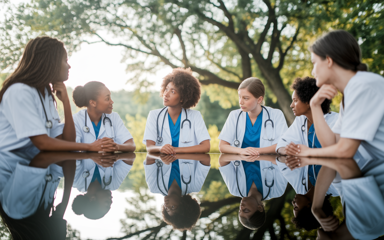 A diverse group of medical students at a serene outdoor setting, reflecting deep in thought about their career paths and backup specialties. The scene is bathed in soft sunlight filtering through trees, symbolizing hope and contemplation as they discuss their personal aspirations and future roles in medicine.