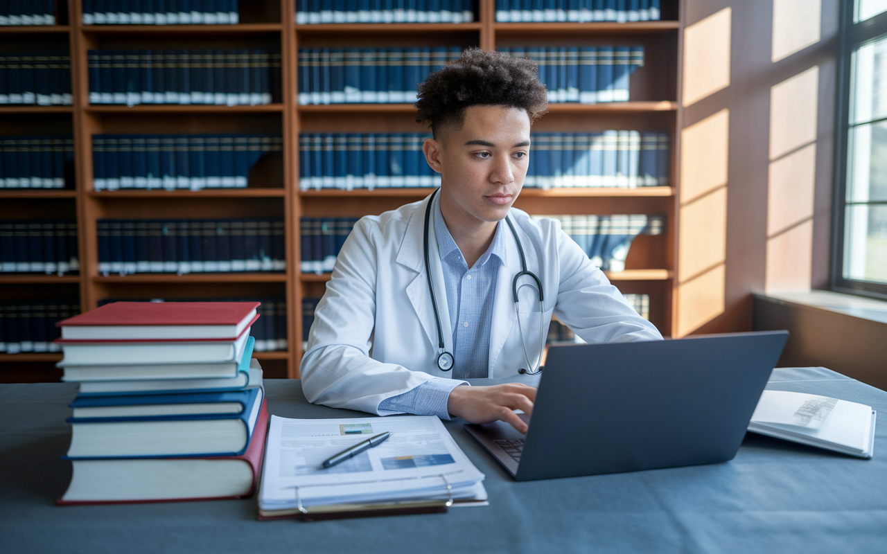 A young medical student in a library, surrounded by academic journals and reports, intently researching medical specialties on a laptop. The student’s expressions reflect curiosity and concentration. The library features rows of books, and a large window lets in natural light, symbolizing enlightenment and exploration. Soft shadows create a serene atmosphere, indicating deep focus on important career decisions.