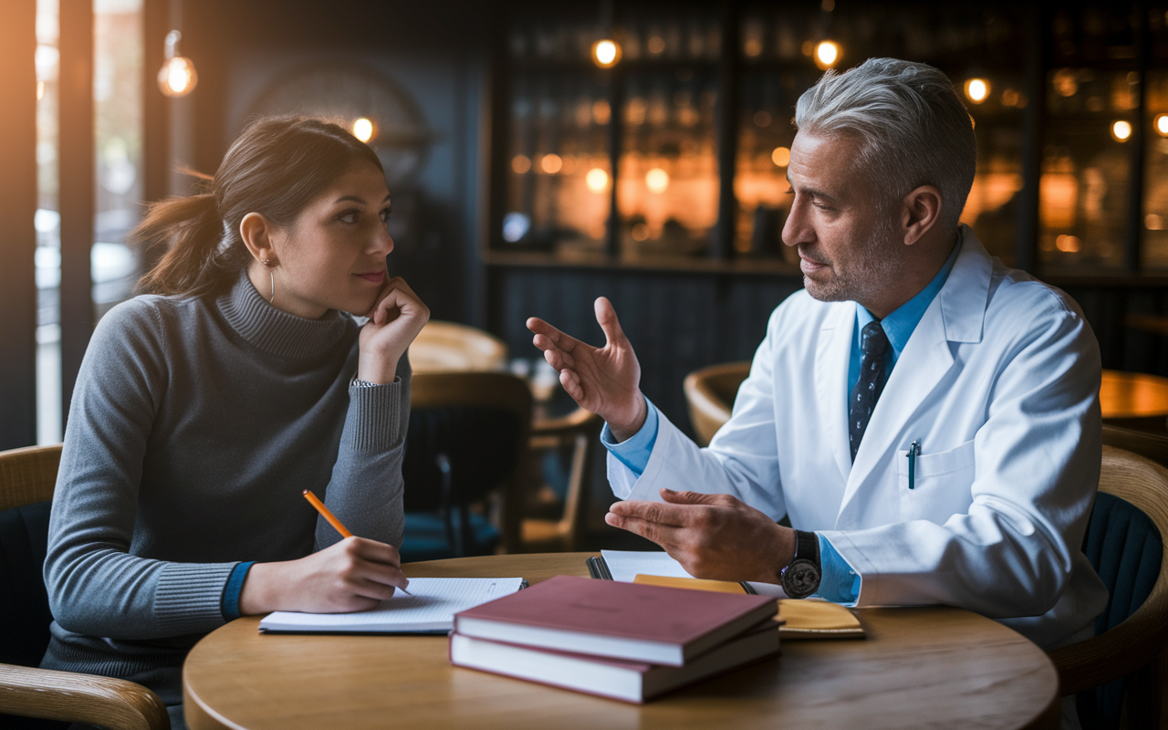 A young medical student is sitting at a table in a cozy café, engaged in a mentoring session with an experienced physician. The mentor, dressed in a white coat, is sharing insights as the student takes notes while looking intrigued. The warm lighting of the café and the array of medical textbooks on the table create a focused and intimate atmosphere, highlighting the importance of mentorship in forming professional connections.