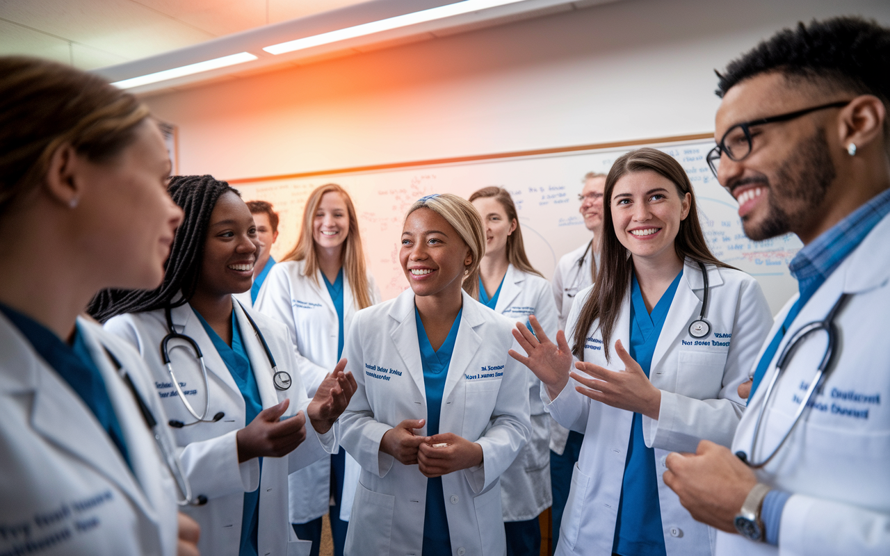 A group of medical students participating in a lively discussion at a professional medical society meeting. The setting is a classroom with a large whiteboard covered in notes and diagrams. Each student is passionately sharing ideas and insights, demonstrating collaboration and advocacy within a professional context. The mood is engaging and focused, with warm artificial lighting highlighting their commitment and enthusiasm.