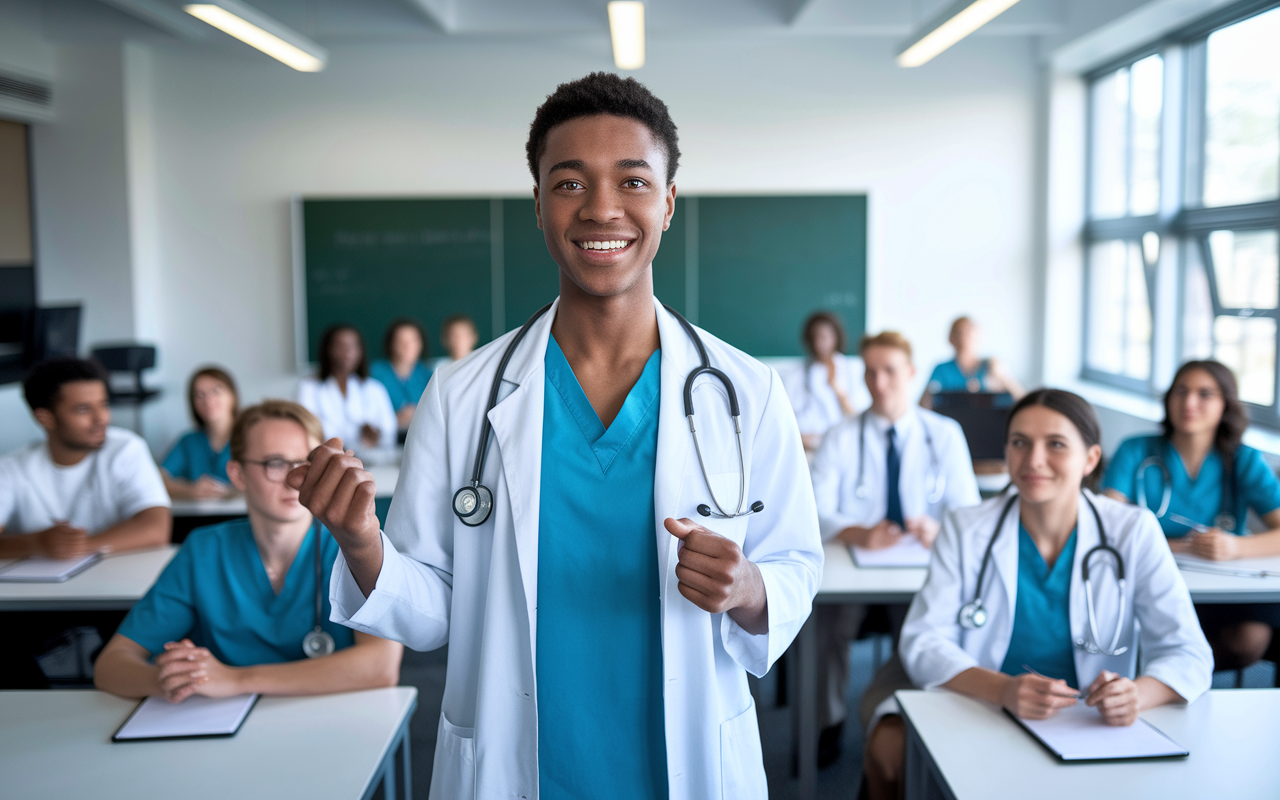 A confident medical student leading a workshop on communication skills for fellow students. The scene is a modern classroom equipped with technology, where students engage in role-playing exercises. The student leader, at the front, displays enthusiasm and poise, with participants showing active listening and involvement. Bright classroom lighting emphasizes a dynamic learning environment.