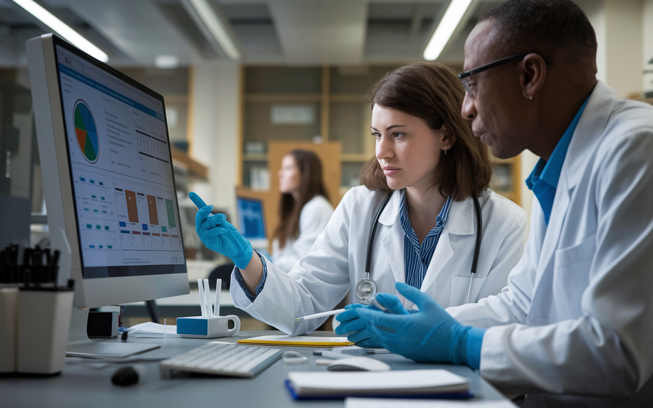 An inspiring image of Jessica, a determined medical student, engaged in a research meeting with her mentor in a well-equipped laboratory. They are discussing results displayed on a computer screen, surrounded by scientific equipment and notes. Soft laboratory lighting creates a focused atmosphere, symbolizing the partnership and academic growth through mentorship.