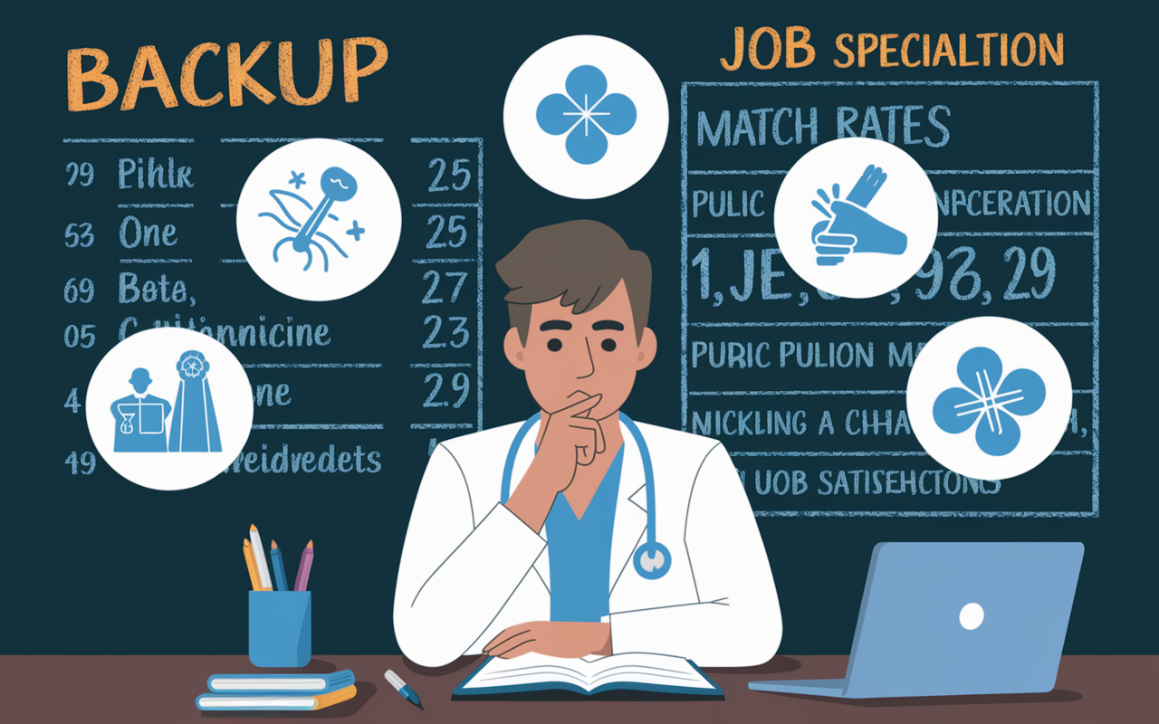 An animated scene depicting a medical student in deep thought, surrounded by floating icons representing various medical specialties like Public Health, Occupational Medicine, and Palliative Care. The background shows a chalkboard filled with data on match rates and job satisfaction, highlighting the student's considerations in choosing a backup specialty.