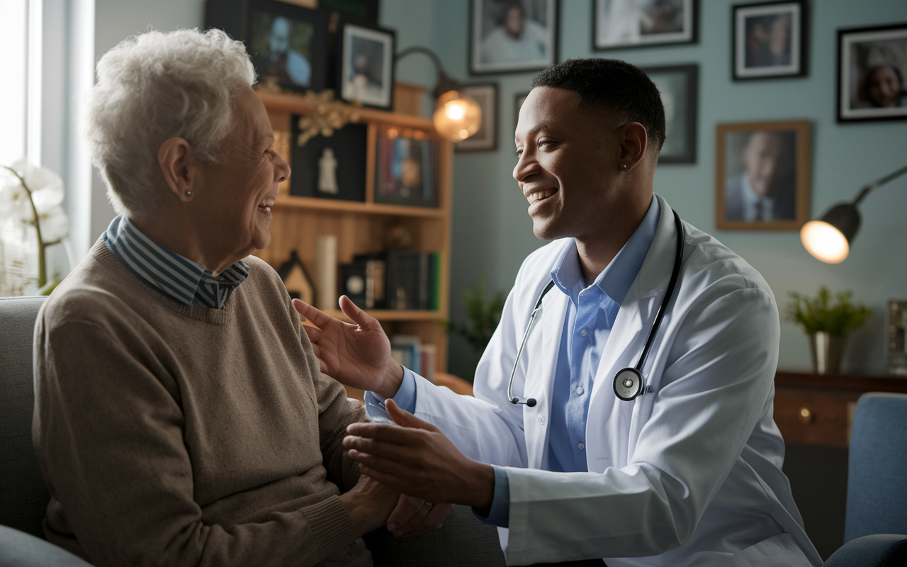 A compassionate geriatrician in a cozy, well-lit clinic room, engaged in a heartwarming conversation with an elderly patient. The surroundings are filled with family pictures and personal mementos, creating a warm atmosphere. The doctor is demonstrating kindness, while the patient expresses gratitude, embodying the essence of relationship-centered geriatric medicine.