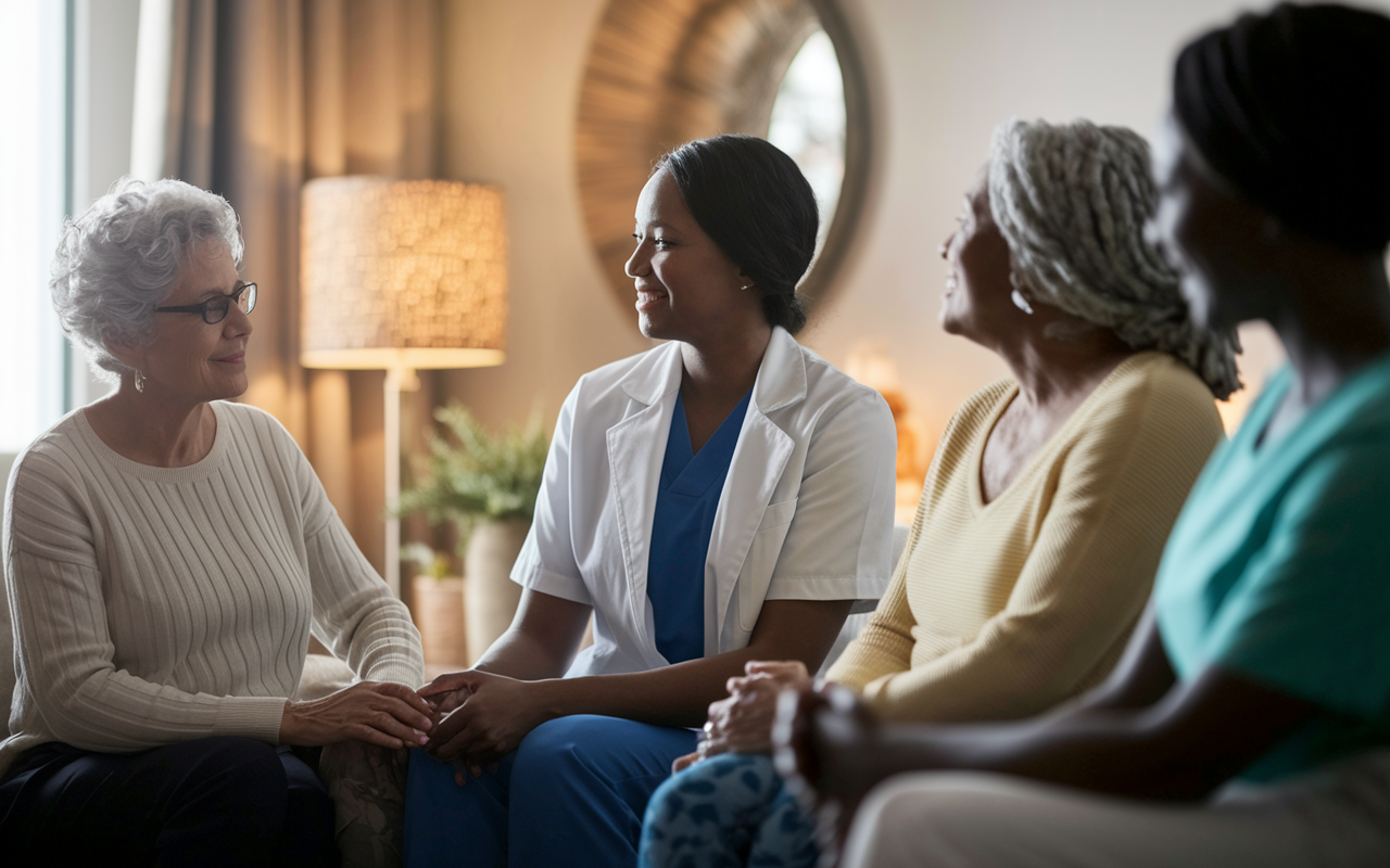 A serene palliative care environment where a specialist attentively listens to a patient recounting their experiences with illness. The room is filled with soft, warm lighting and comforting decor, with family members showing support. The compassionate interaction encapsulates the essence of holistic care in palliative medicine.