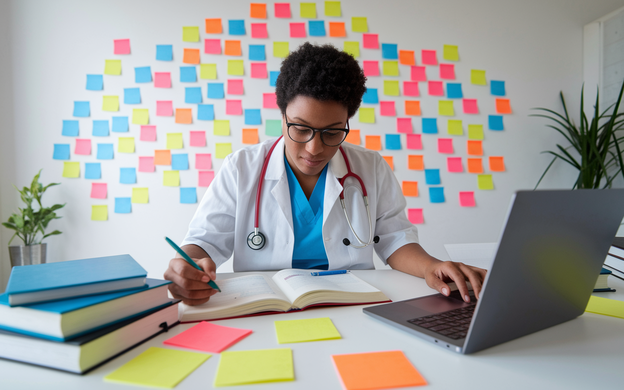 A determined medical student sitting at a desk, surrounded by textbooks and a laptop, researching various medical specialties like Occupational Medicine and Public Health. The room is filled with notes and colorful post-its, depicting the vibrant and exploratory nature of choosing a specialty in medicine.