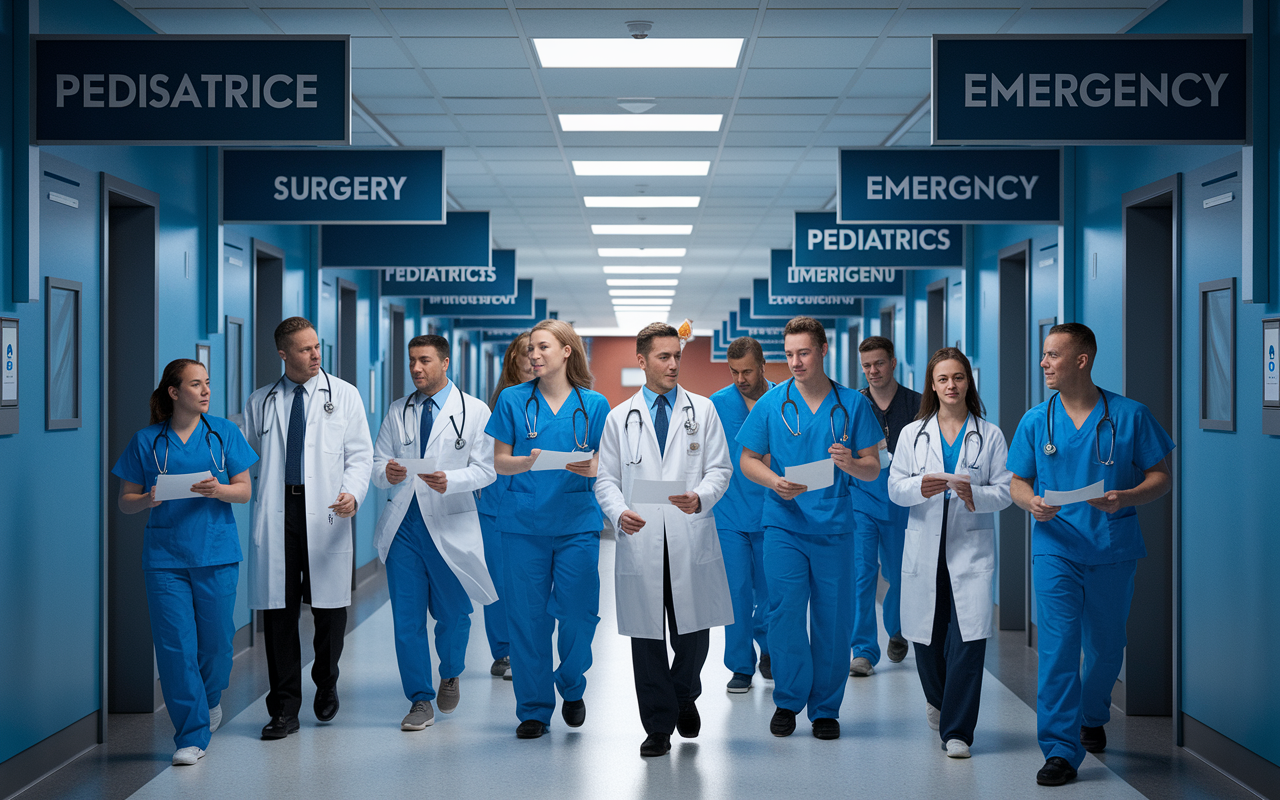 A visual representation of a bustling hospital hallway with medical students and interns anxiously discussing their specialty application outcomes. The backdrop consists of various hospital departments like surgery, pediatrics, and emergency medicine, highlighting the intensity of the residency matching process. The lighting is dramatic, adding to the tension and excitement of the scene.