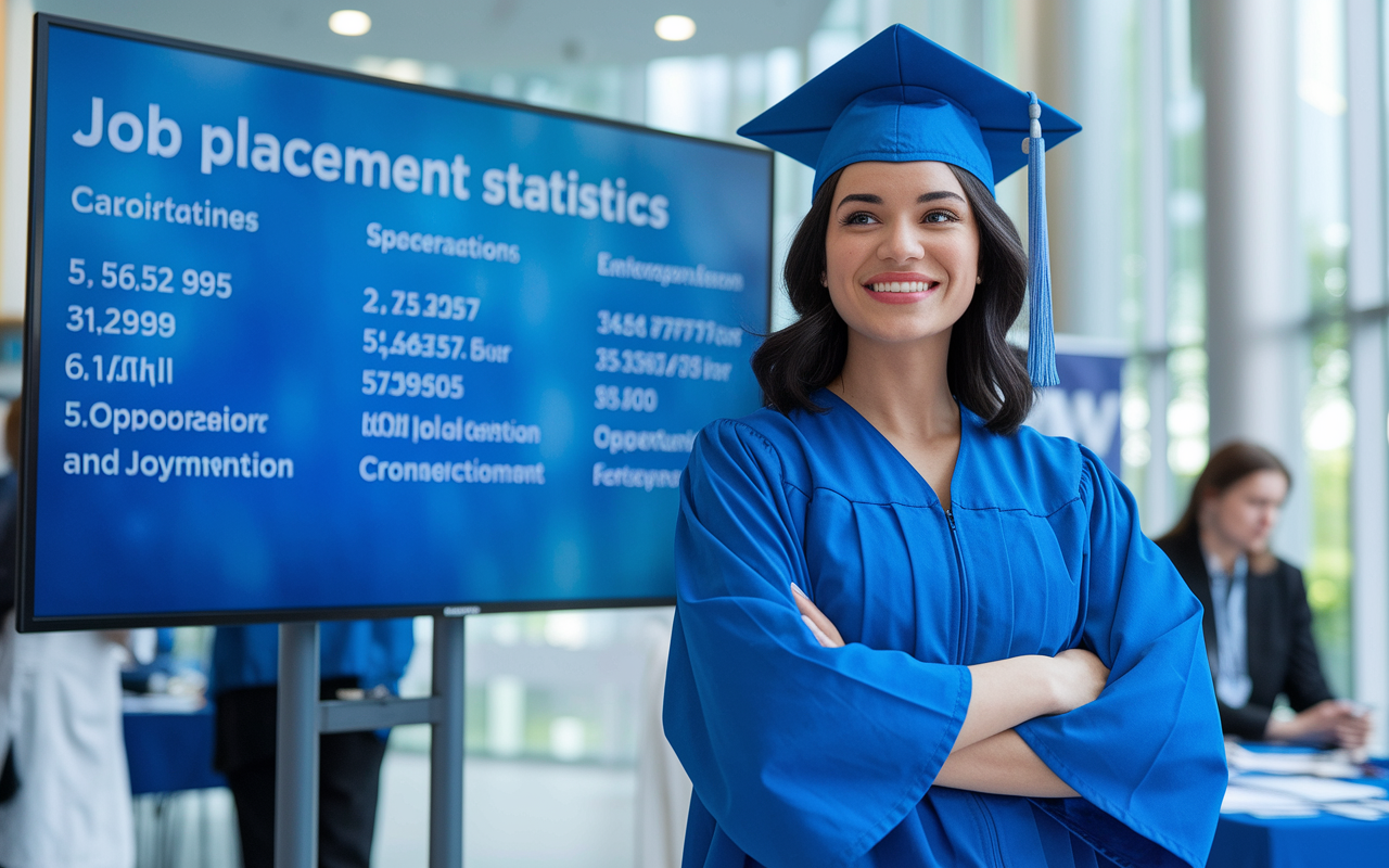 A confident medical graduate, standing in front of a large screen displaying job placement statistics for various medical specialties, with a look of satisfaction and hope. The environment suggests a career fair, fostering connections and opportunities for future employment.