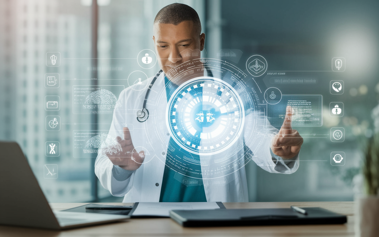 A futuristic depiction of a doctor providing virtual care via a digital interface, using innovative technology to connect with patients. A bright and modern setting reflects the wealth of opportunities in telemedicine, emphasizing the evolution of healthcare delivery.