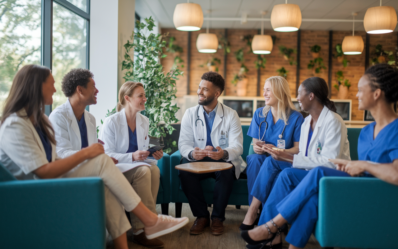 A warm and inviting scene of a group of satisfied medical professionals sharing their experiences in a cozy break room, surrounded by positive workplace elements, fostering a sense of camaraderie and fulfillment in their chosen specialties.