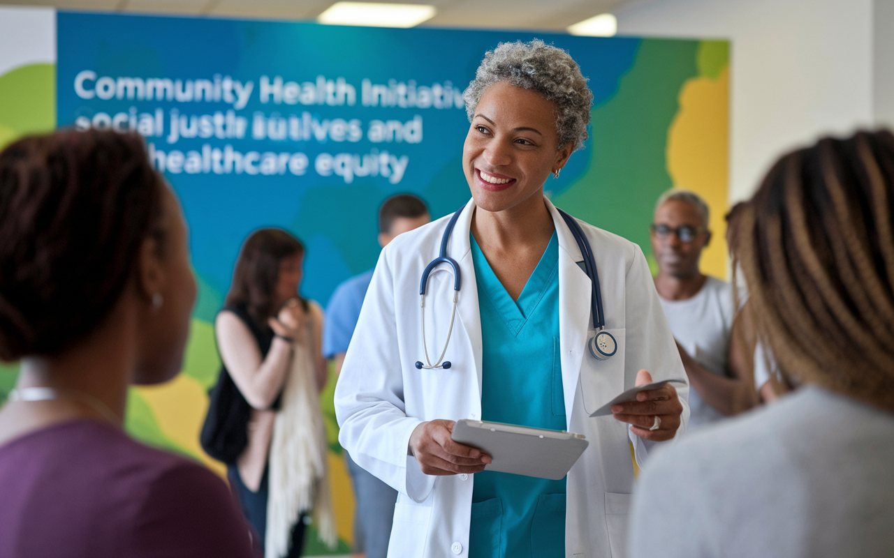 An empathetic doctor in a community clinic, engaging with a diverse group of patients, illustrating a commitment to social justice and healthcare equity. The background showcases community health initiatives and a vibrant environment, emphasizing fulfillment in service and connection.