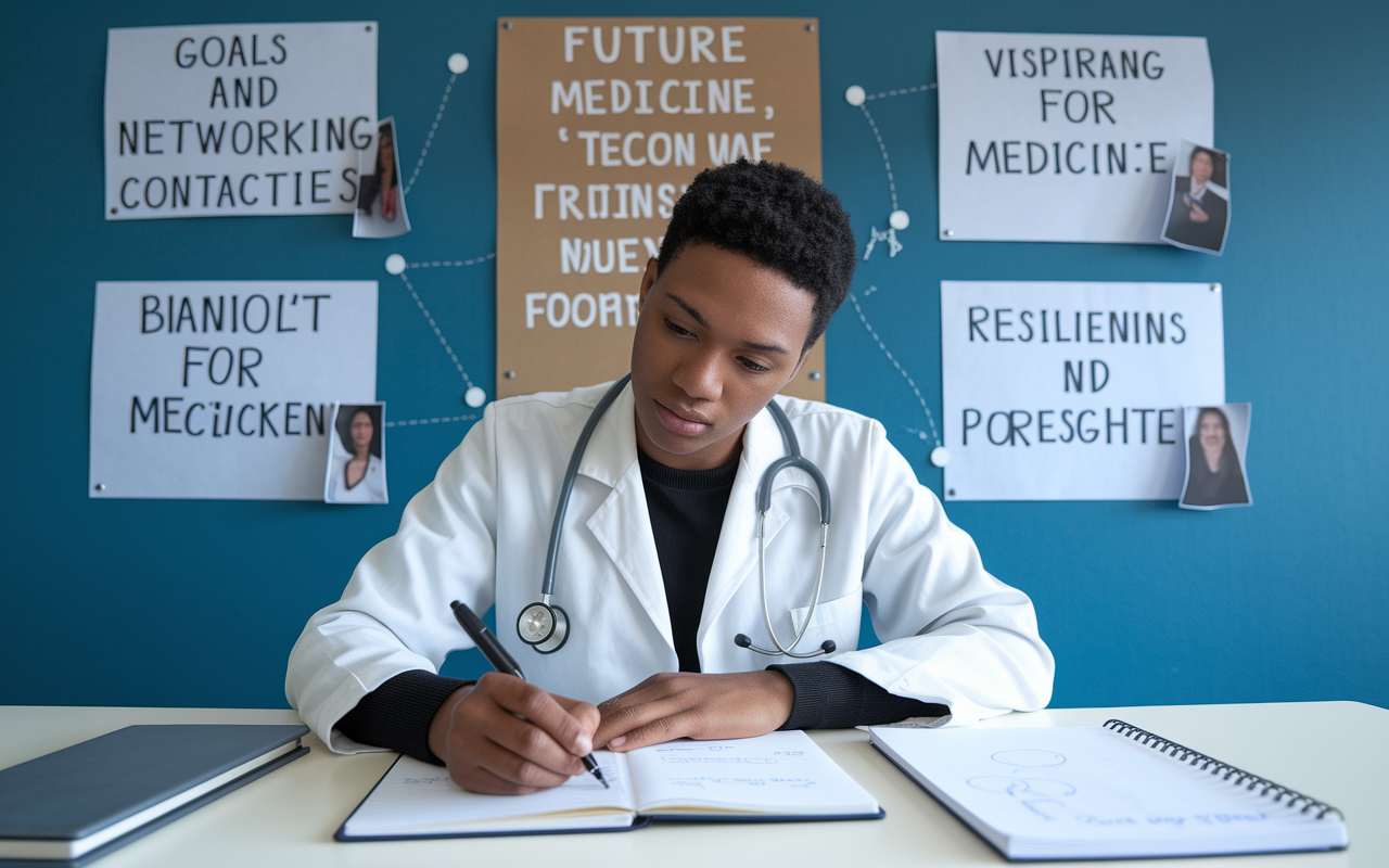 A determined medical student drafting a strategic plan at a desk, focusing on a notebook filled with goals and networking contacts for backup specialties. A wall behind them displays a vision board of future aspirations and dreams in medicine, inspired by resilience and foresight.