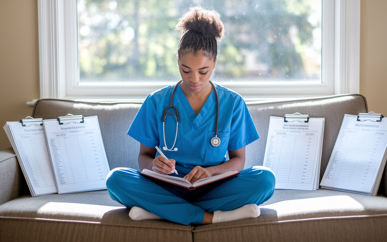 A young medical professional sitting cross-legged on a couch, journaling with a contemplative look, surrounded by flip charts displaying various medical specialties and patient demographics. Natural light streams through a window, symbolizing clarity and self-reflection. Soft and warm color tones enhance the mood of personal growth and exploration.