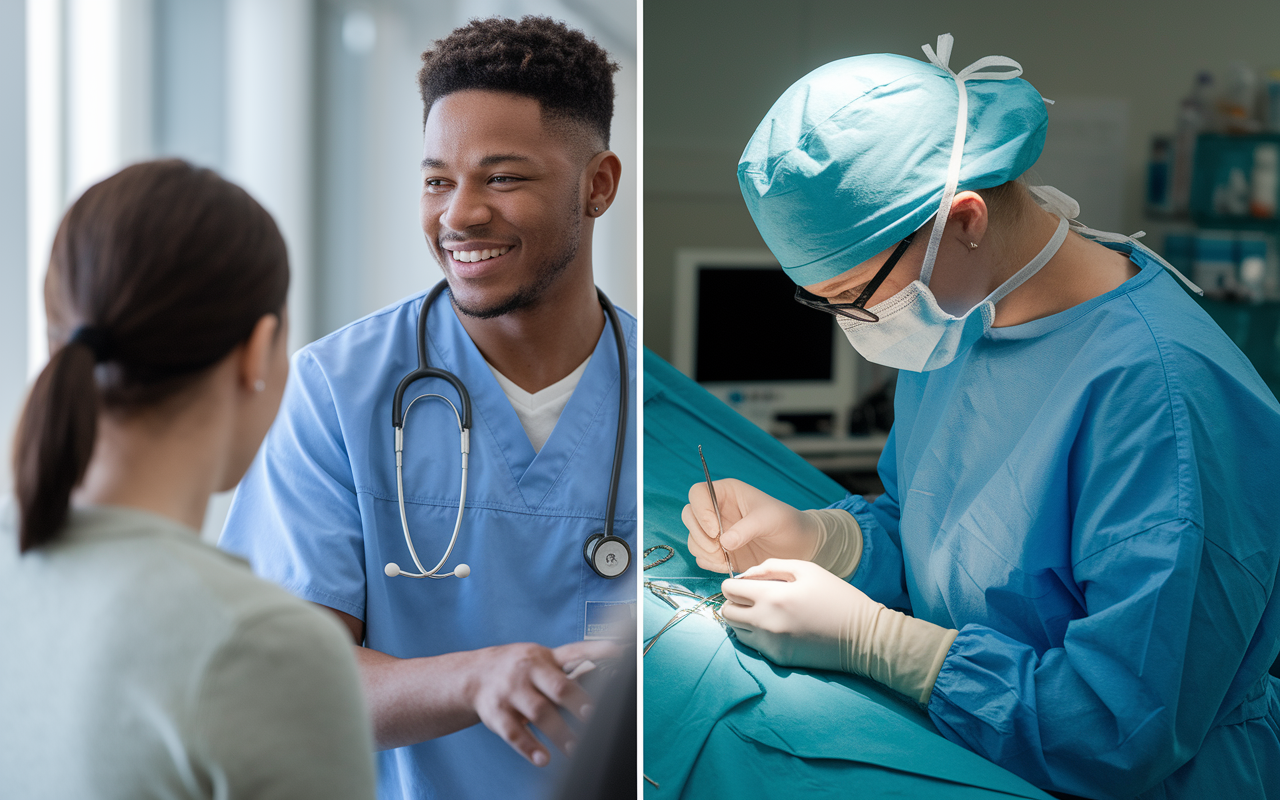 A split-screen image showing two scenarios: one side depicts a confident medical student engaging with a patient, displaying excellent communication skills, while the other side shows them performing a delicate surgical procedure, showcasing their technical expertise. The contrasting scenes highlight the diverse skills needed in different medical specialties.