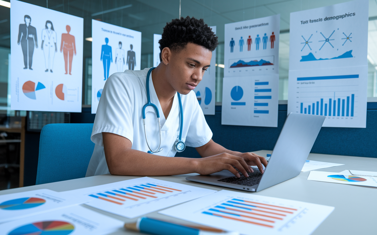 A medical student intently researching on a laptop in a modern office environment, surrounded by papers and charts that showcase trends and statistics regarding various medical specialties and patient demographics. The scene is well-lit, conveying a sense of diligence and thoroughness as they calculate potential career paths.