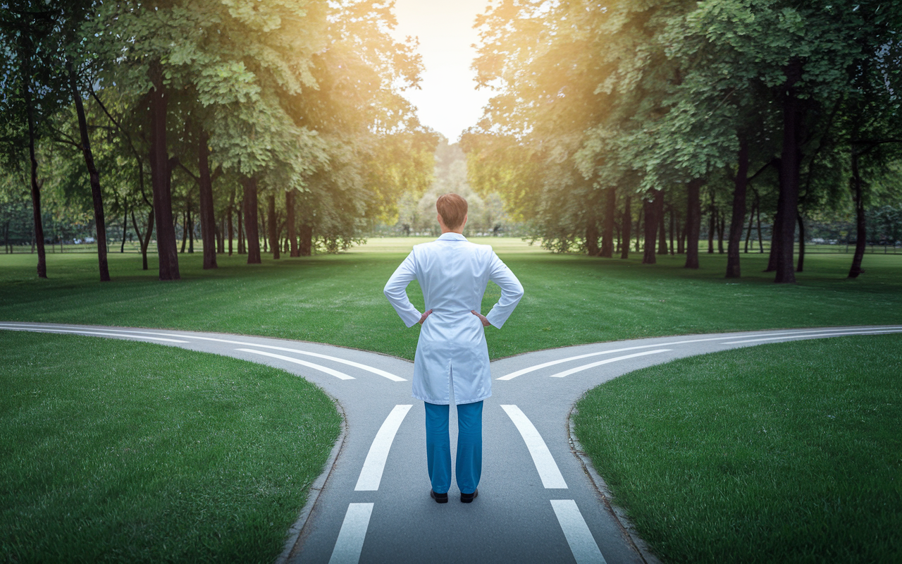 A medical professional standing at a crossroads in a park, contemplating two paths: one leading to a busy hospital with late hours, and the other towards a serene community clinic with a flexible schedule. The lighting is bright and inviting, symbolizing the potential for work-life harmony.