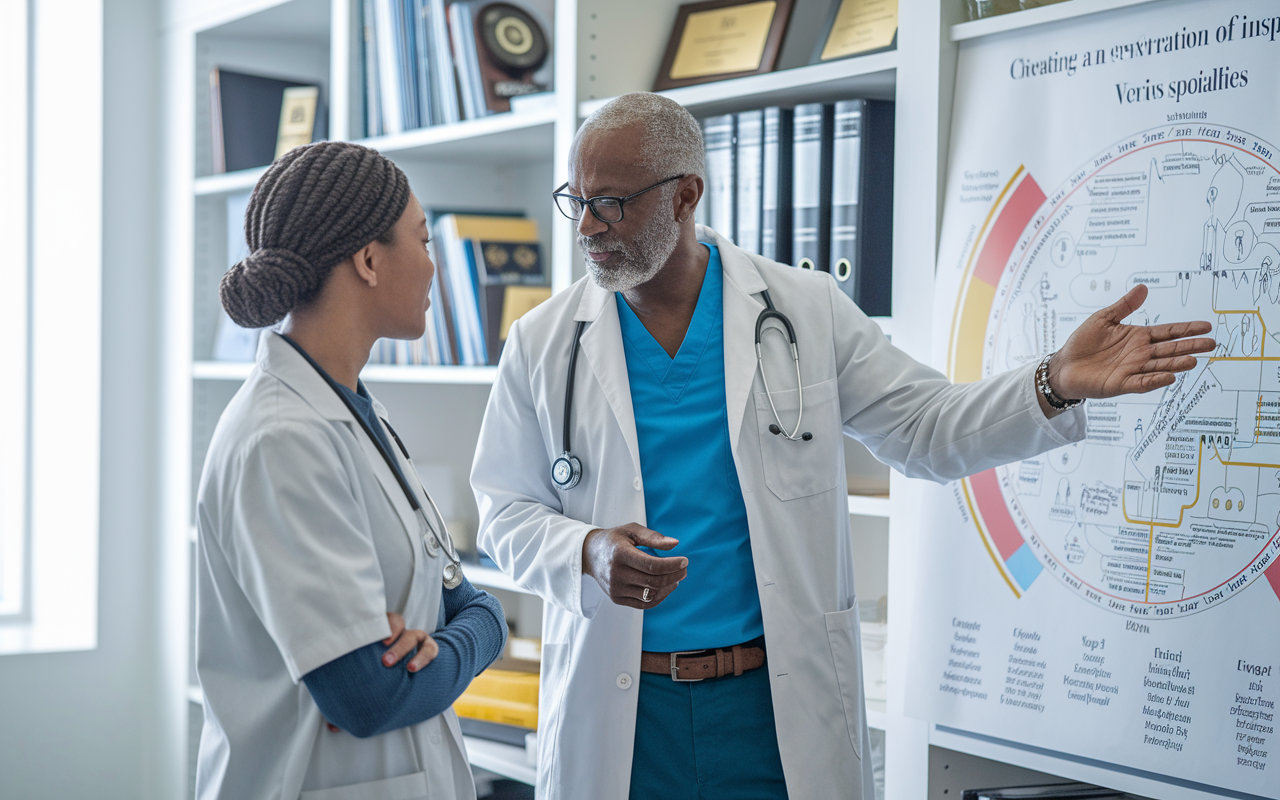 An experienced physician and a medical trainee engaged in a deep conversation in a brightly lit office filled with medical awards and memorabilia. The mentor gestures towards a detailed chart illustrating various specialties, creating an environment of inspiration and guidance.