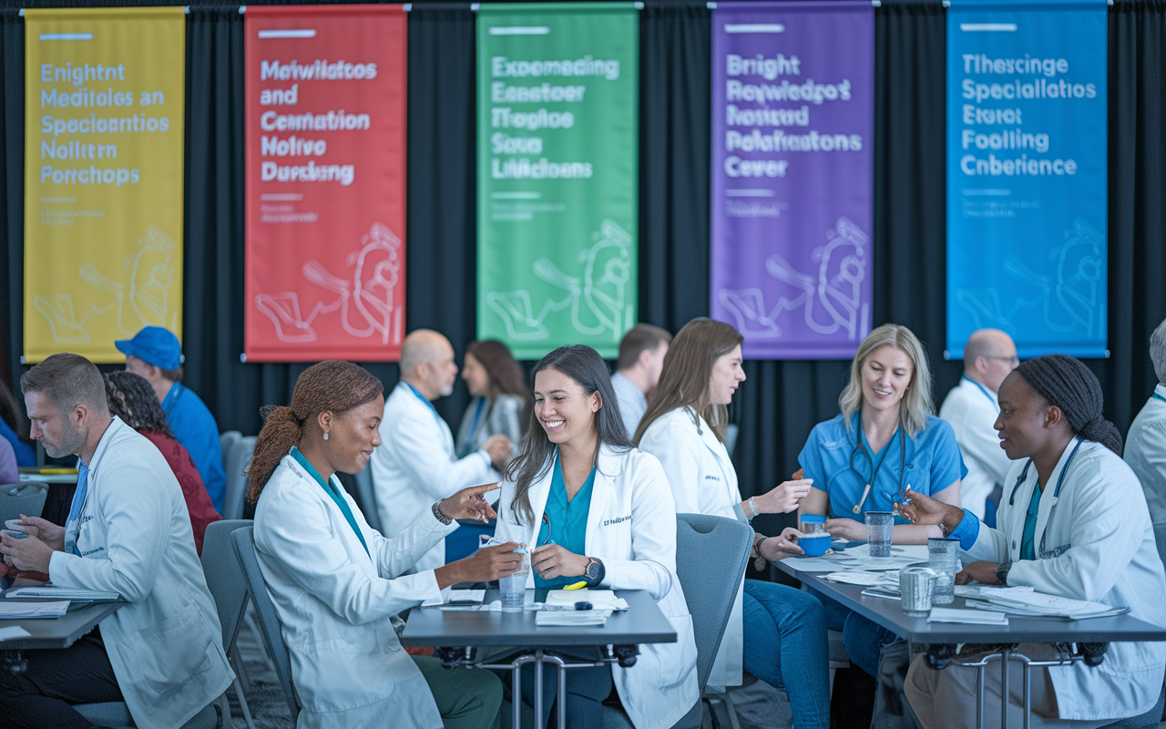 A vibrant scene from a medical conference showcasing physicians and students actively participating in workshops. Bright banners of different medical specialties adorn the walls, and individuals are exchanging knowledge, notes, and experiences with enthusiasm. The atmosphere is electric with learning and collaboration.