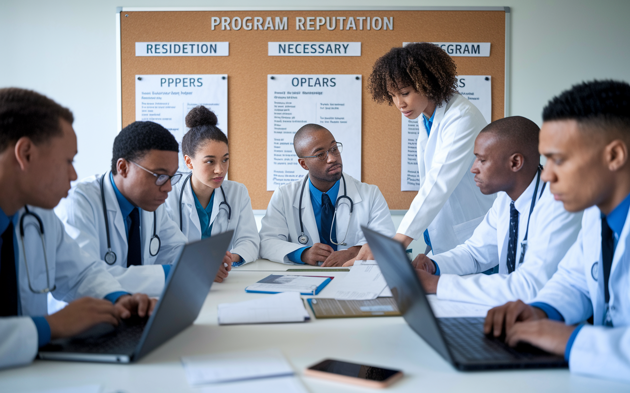 A group of medical students gathered around a large table, intensely discussing the curriculum of various residency programs, with laptops open and papers spread out. A corkboard in the background displays information about program reputation, showcasing a collaborative and insightful atmosphere.