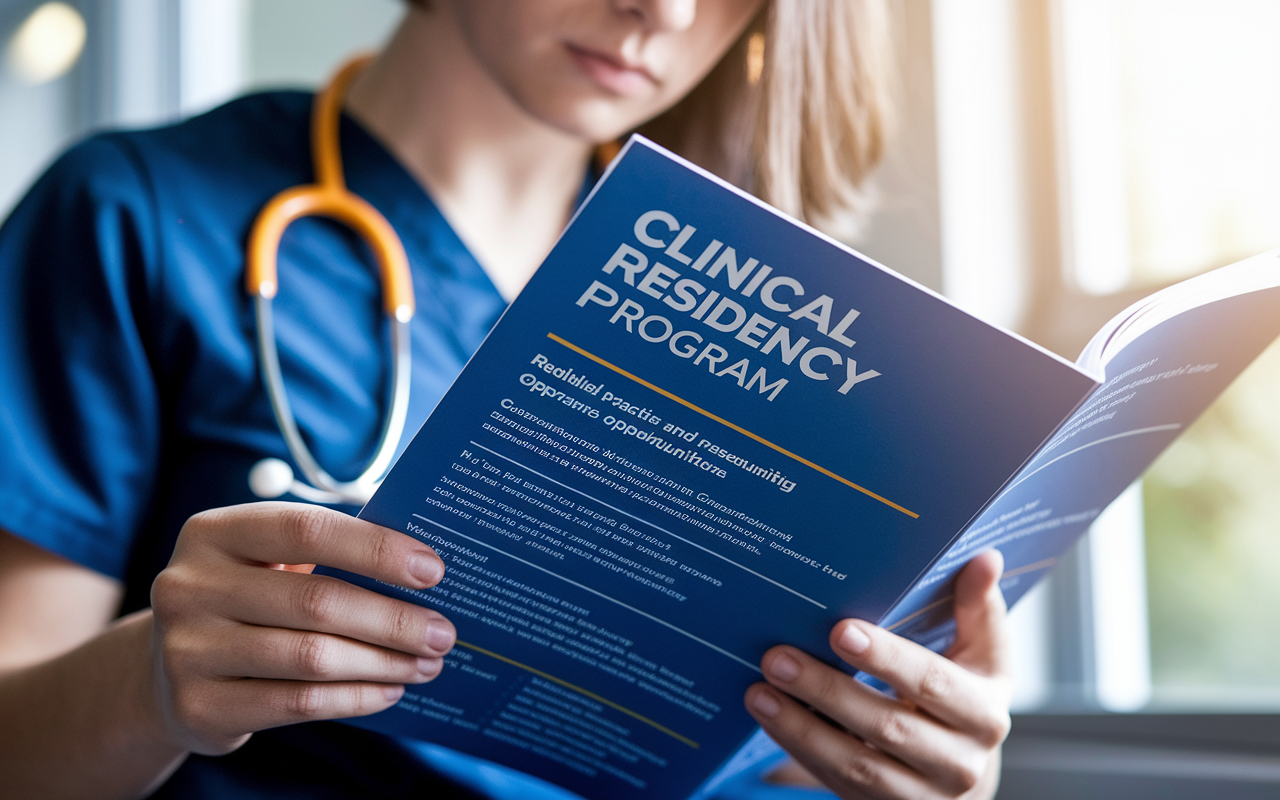 A close-up of a medical student reviewing a detailed residency program brochure, highlighting the clinical practice and research opportunities available. Soft sunlight illuminates their focused expression as they delve into information that shapes their future.