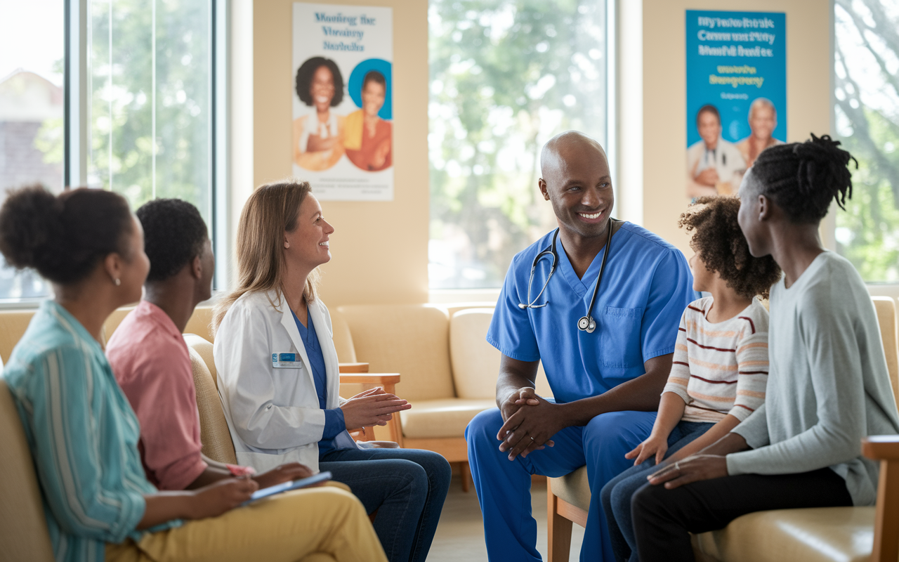 A warm and inviting family medicine clinic, with a diverse group of patients in the waiting area. A dedicated family physician in scrubs engages friendly with a young family, smiling and listening intently. Bright, natural light pours through large windows, creating a welcoming atmosphere. Various health posters adorn the walls, emphasizing community health and wellness.