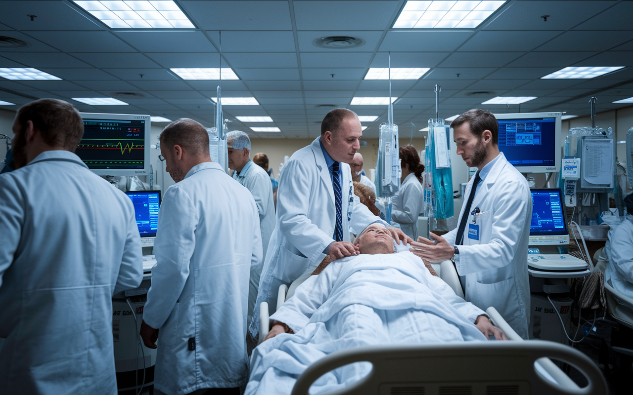 A busy internal medicine ward in a hospital, depicting physicians in white coats actively discussing patient cases at a bedside. Monitors beep softly, and various medical charts are displayed. The lighting is bright but clinical, revealing a high-stakes environment filled with dedication and teamwork, emphasizing the demanding nature of internal medicine.