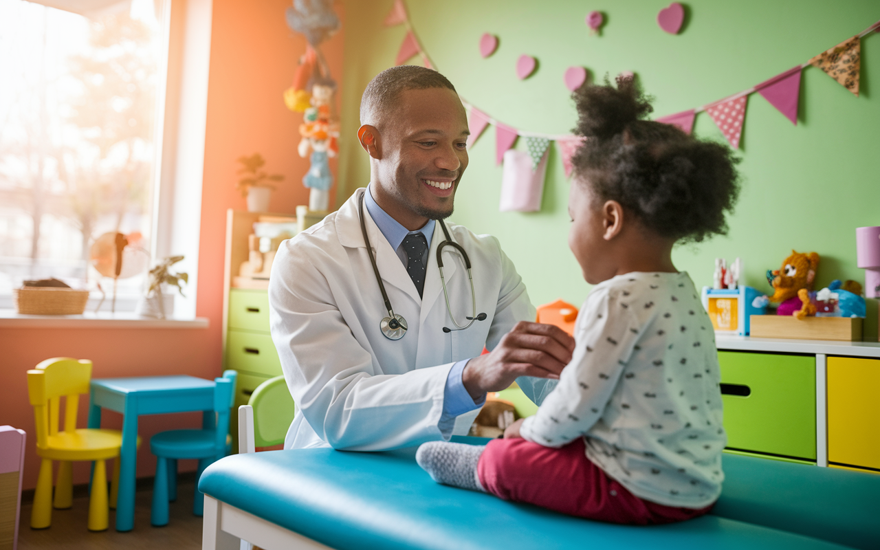 A cheerful pediatric clinic, with vibrant colors and child-friendly decor. A pediatrician smiles while examining a young patient, with toys and playful decorations enriching the environment. The warm lighting creates a friendly atmosphere, capturing the doctor-patient bond and joyful interactions amid professional care.