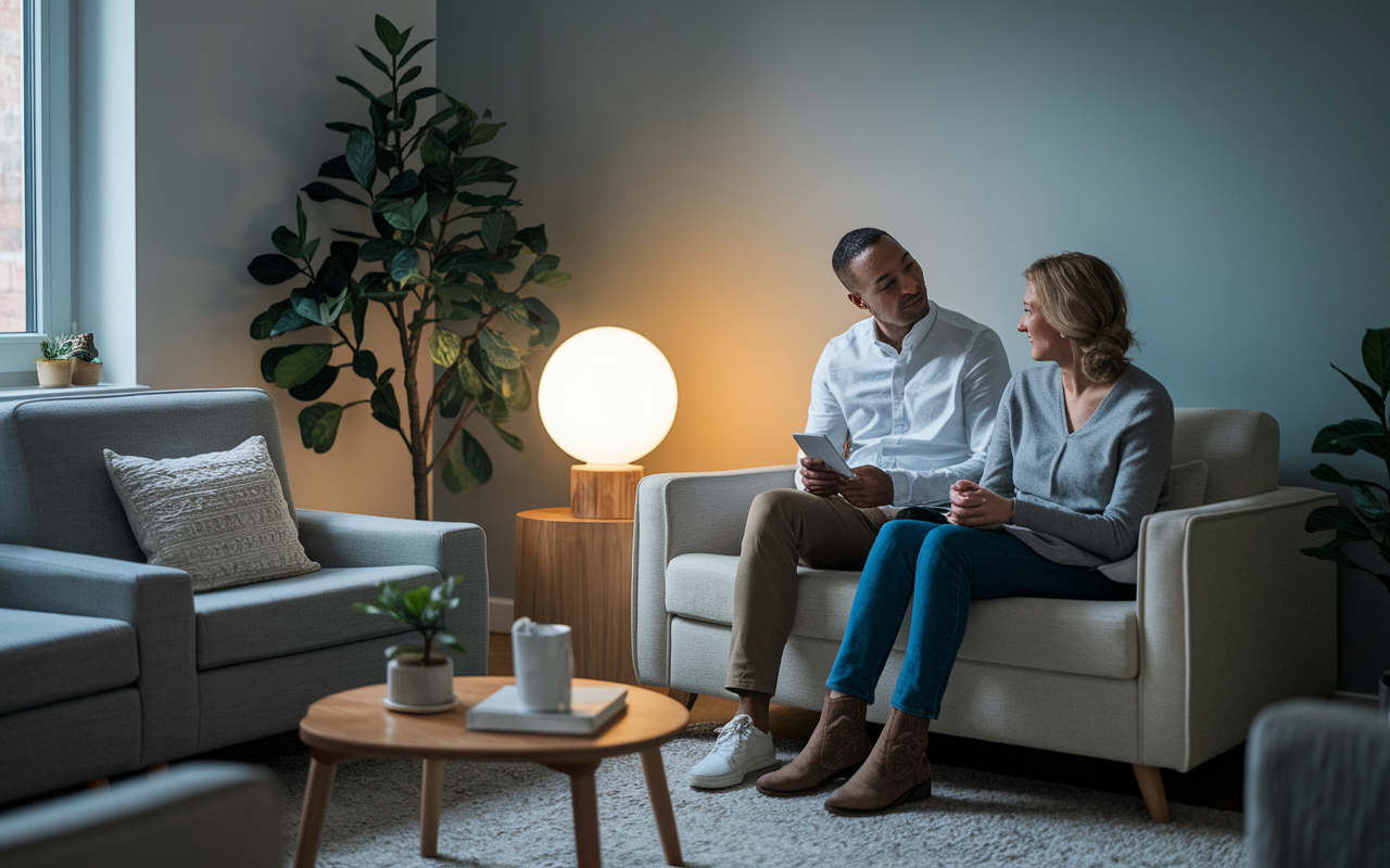 An inviting therapy office, with comfortable seating and calming decor. A psychiatrist attentively listens to a patient sharing feelings, creating an intimate and supportive environment. Soft ambient lighting enhances the room's tranquility, emphasizing the importance of empathy and understanding in mental health care.