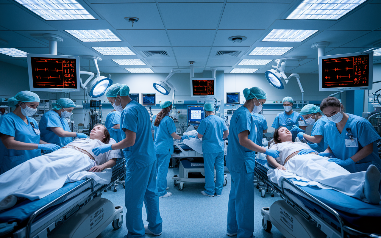 An intense emergency room scene, featuring medical staff in scrubs working tirelessly as they attend to critical patients. Bright overhead lights illuminate the action, while monitors display vital signs. The atmosphere is charged with urgency and collaboration, showcasing the fast-paced nature of emergency medicine.